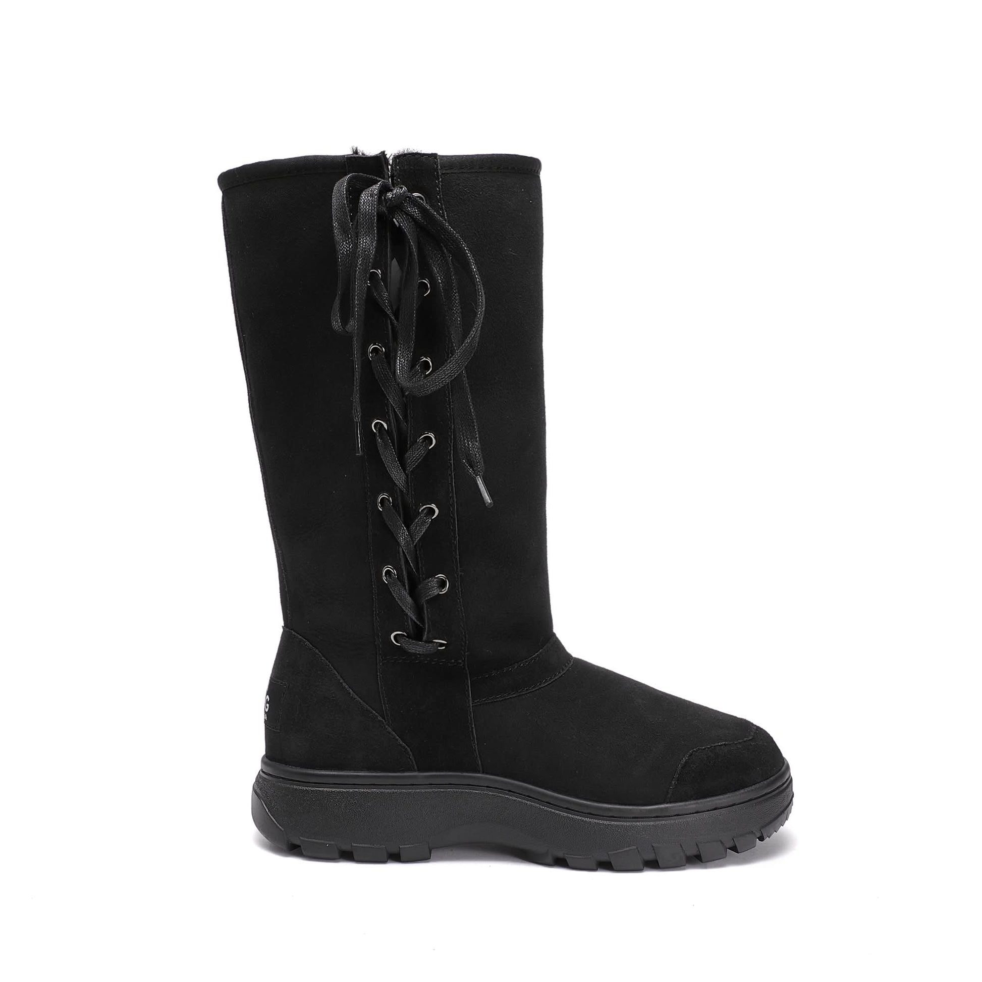 Black lace-up sheepskin tall boot with chunky tread sole, side view. - Yellow Earth Australia
