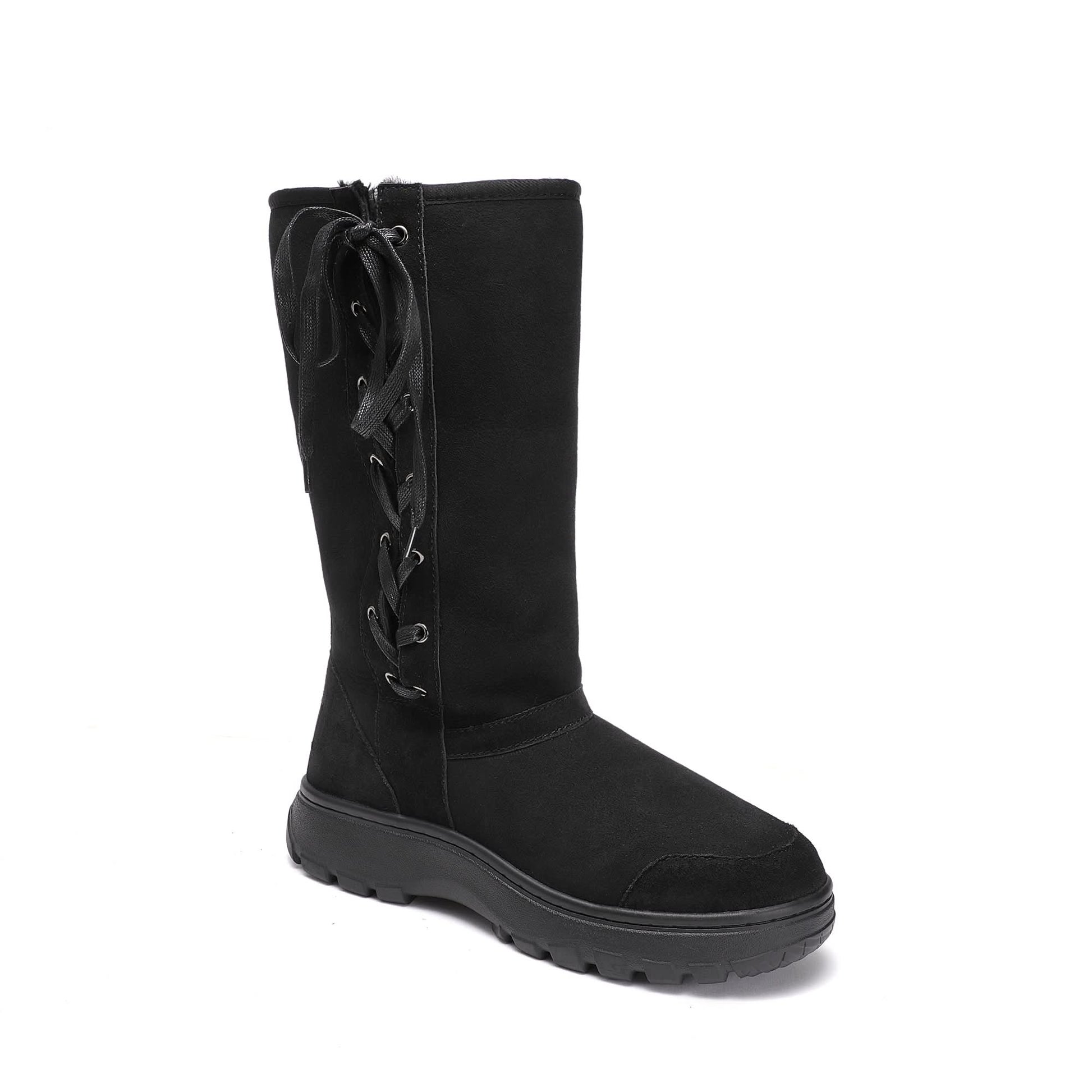Black suede sheepskin lace-up mid-calf boot with chunky sole, side view. - Yellow Earth Australia