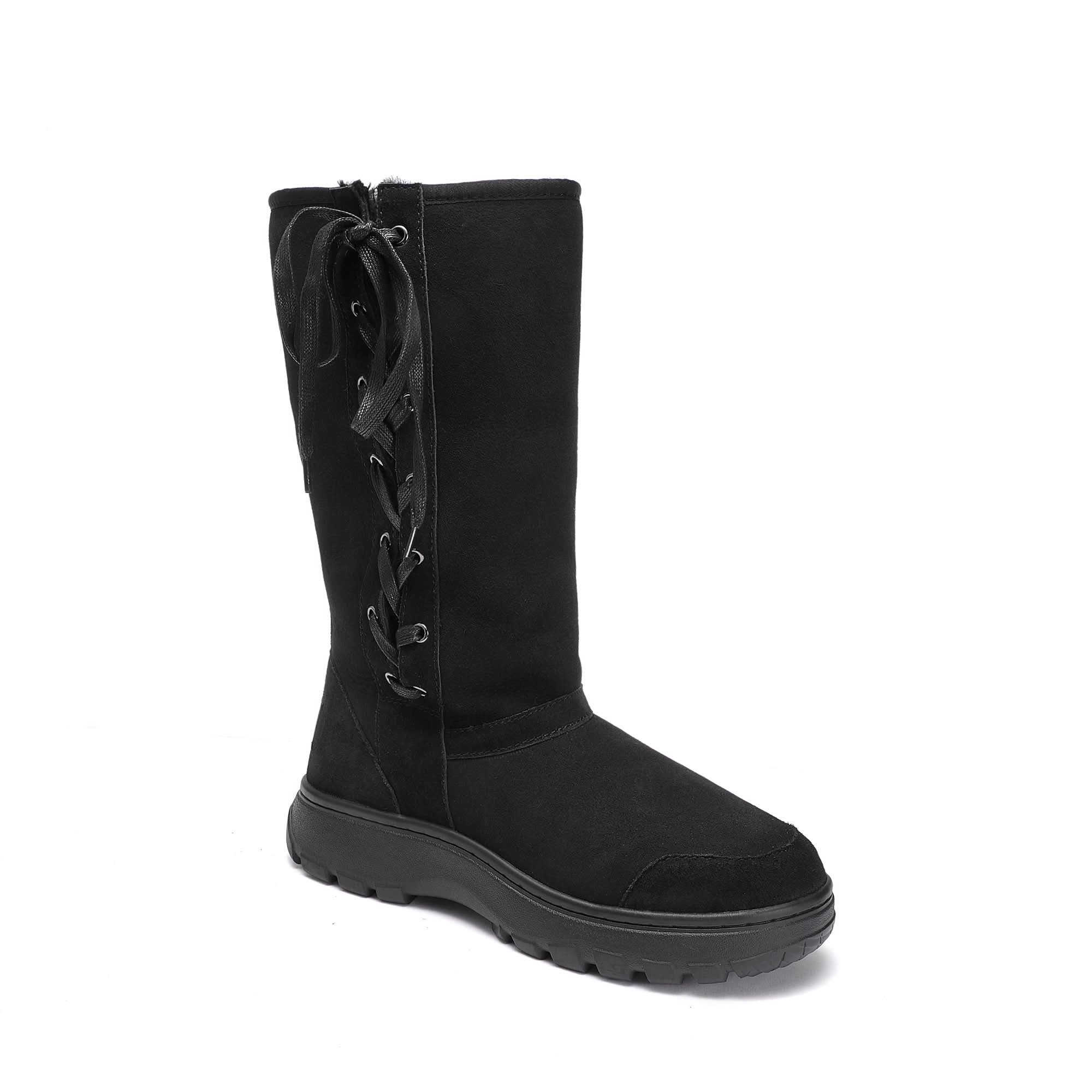 Black suede sheepskin lace-up mid-calf boot with chunky sole, side view. - Yellow Earth Australia