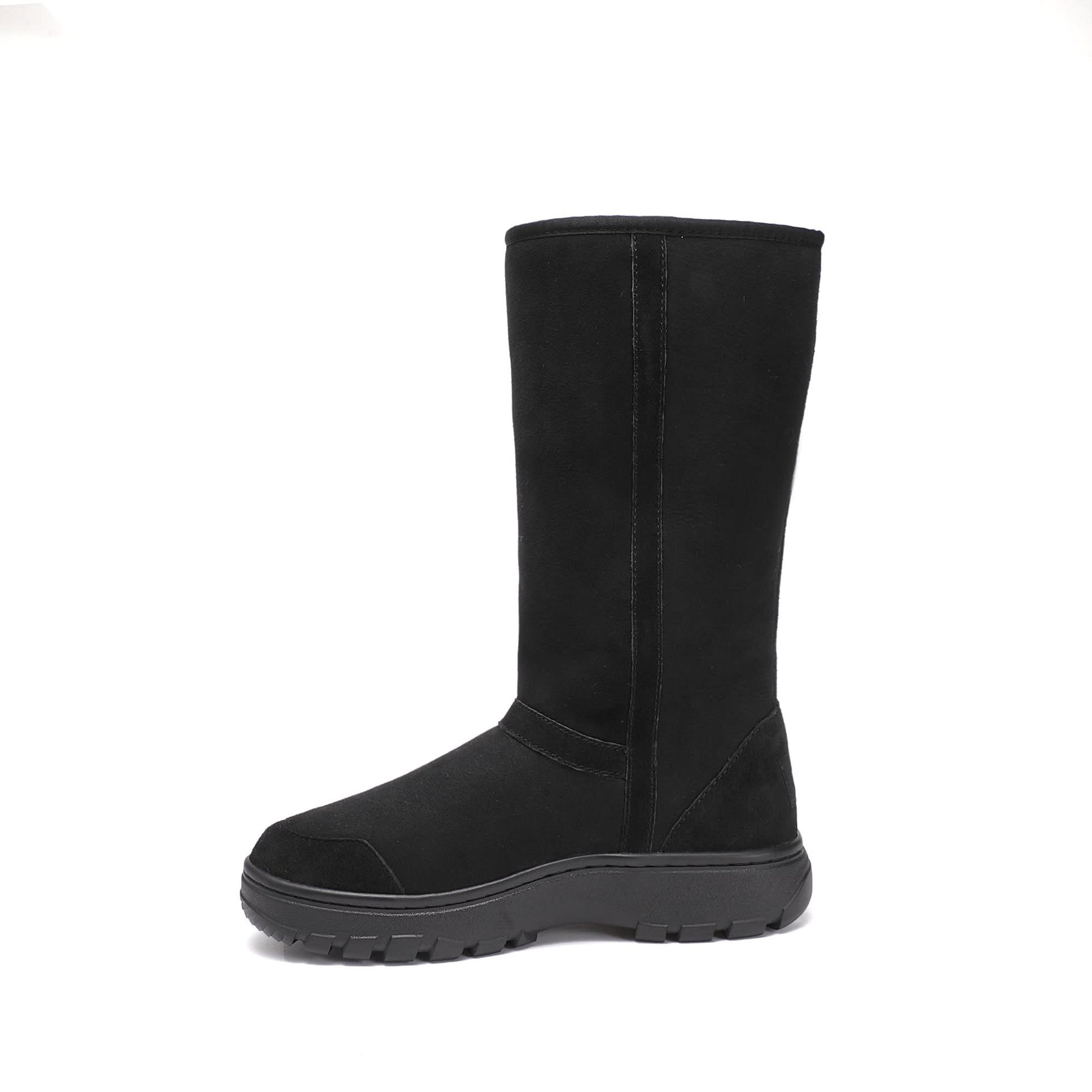 Black suede mid-calf boot with chunky sole, side view. - Yellow Earth Australia