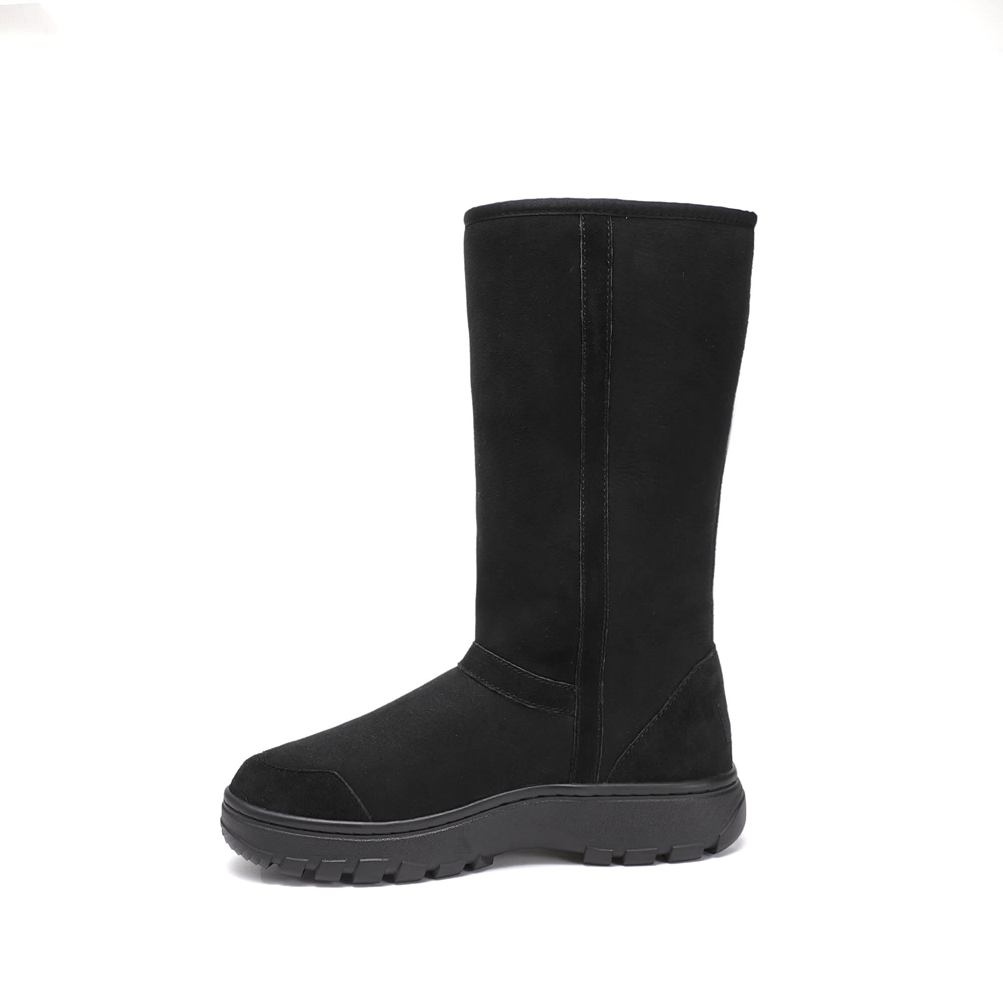 Black suede mid-calf boot with chunky sole, side view. - Yellow Earth Australia