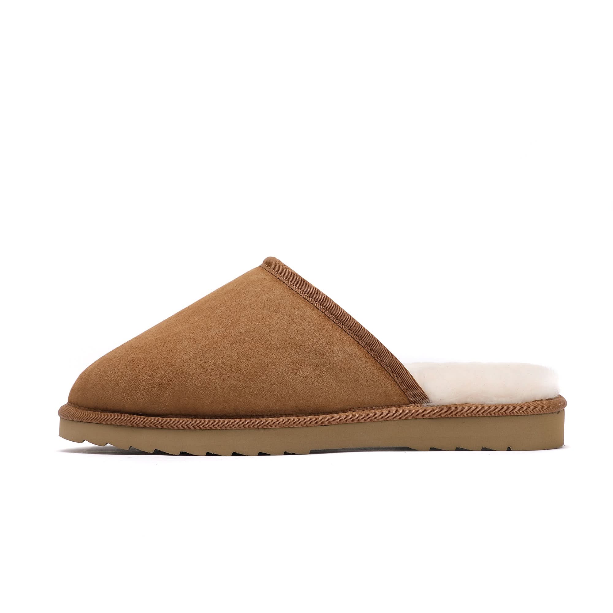 Chestnut suede sheepskin slider slipper with wool lining, side view. - Yellow Earth Australia
