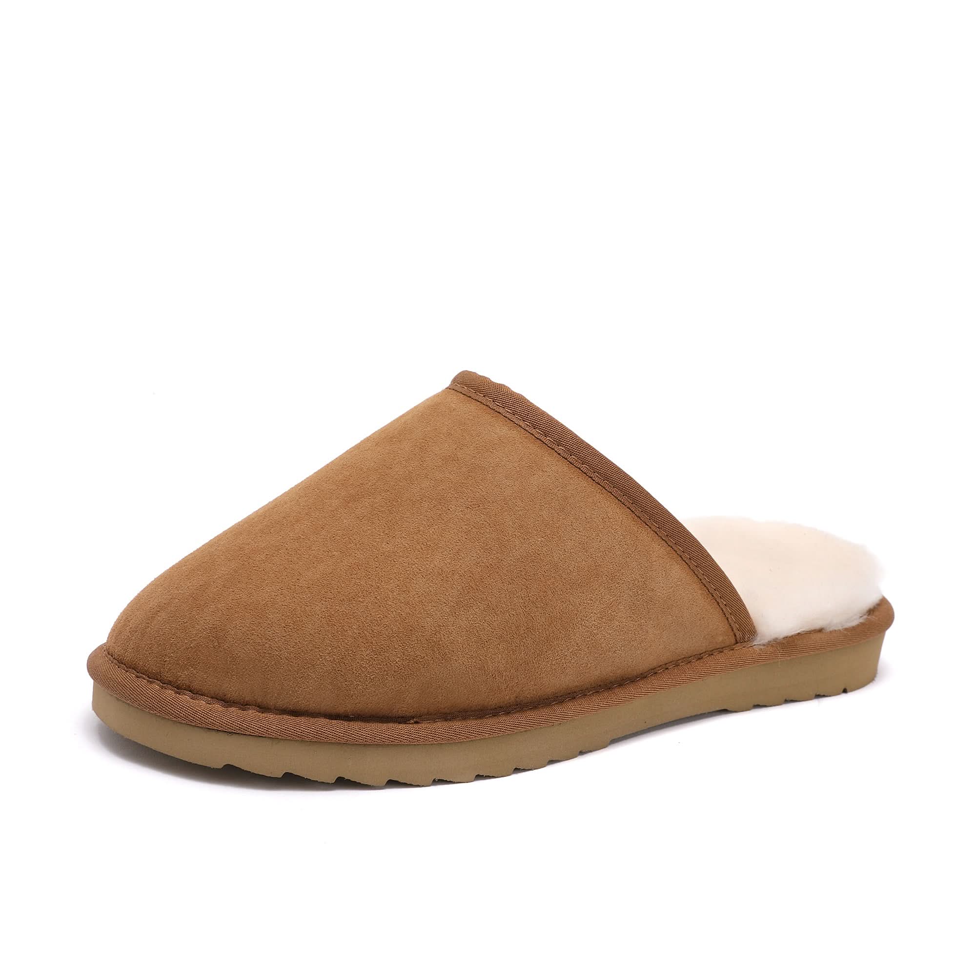 Chestnut suede sheepskin mule slipper with wool lining, side view. - Yellow Earth Australia