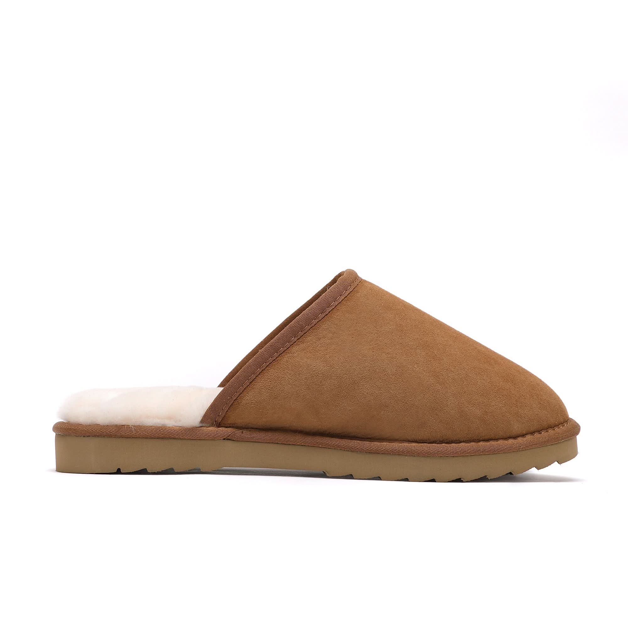Chestnut suede sheepskin slipper with wool lining, side view. - Yellow Earth Australia