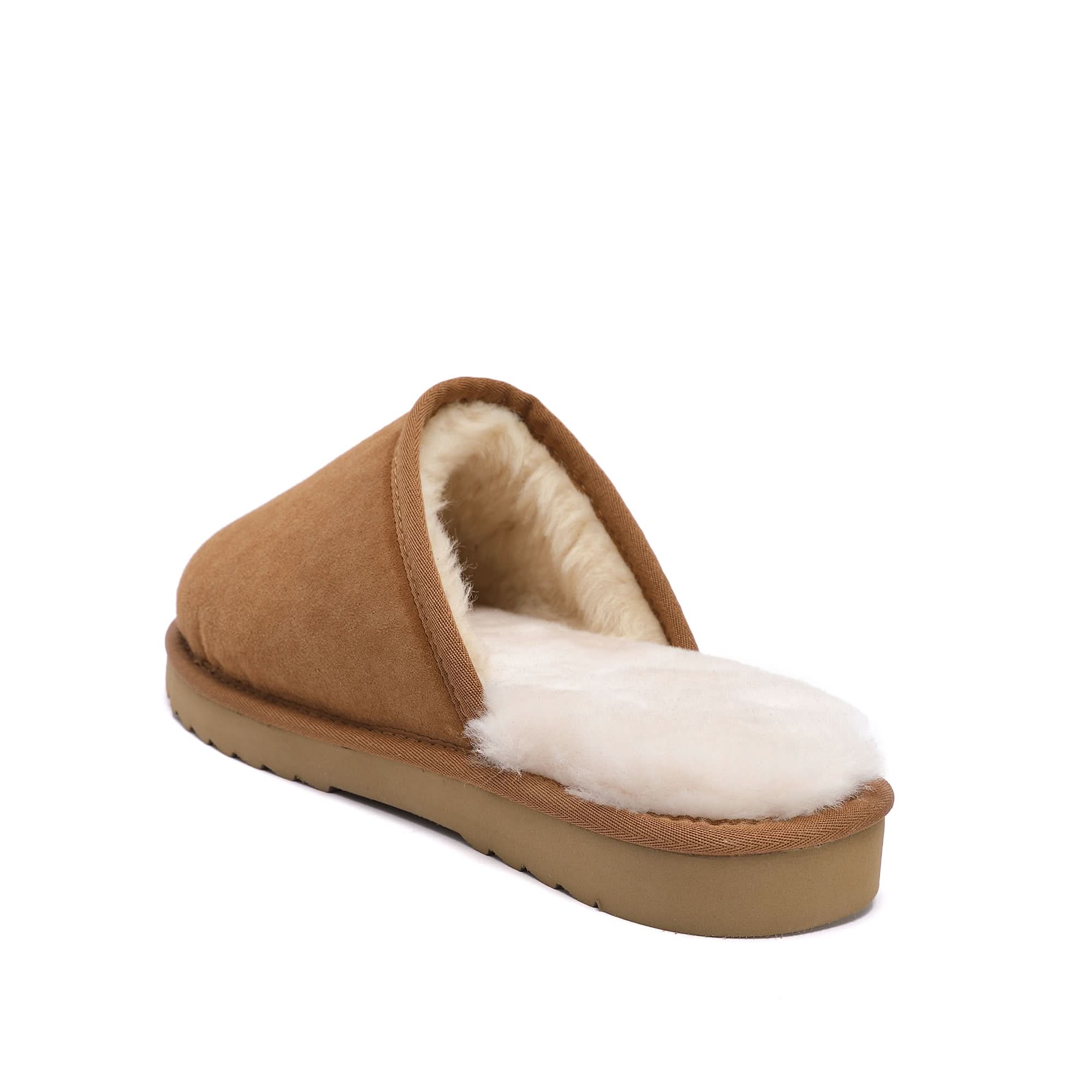Caramel sheepskin slipper with wool lining, side view on white background. - Yellow Earth Australia