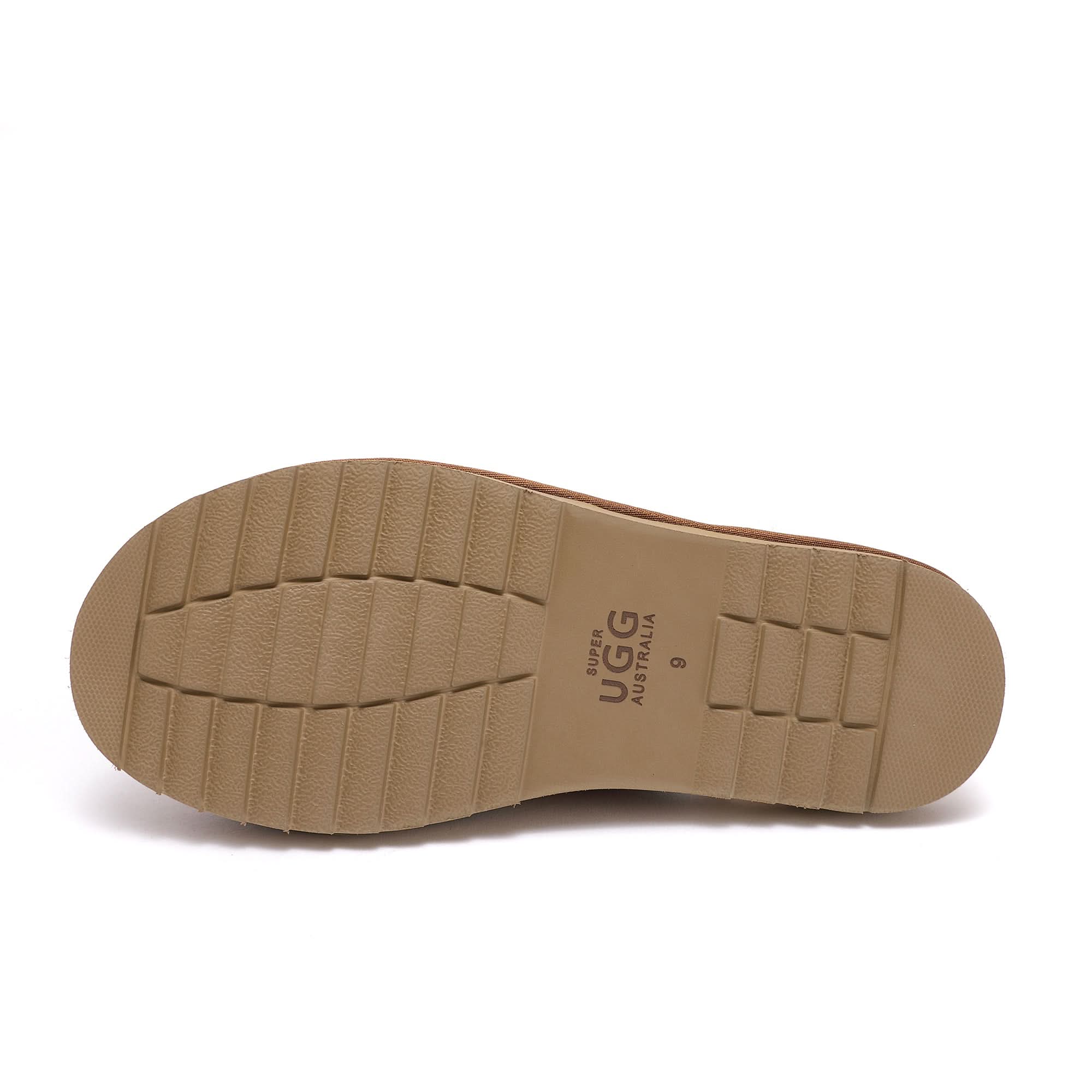 Tan suede boot sole with treaded grip pattern, bottom view. - Yellow Earth Australia