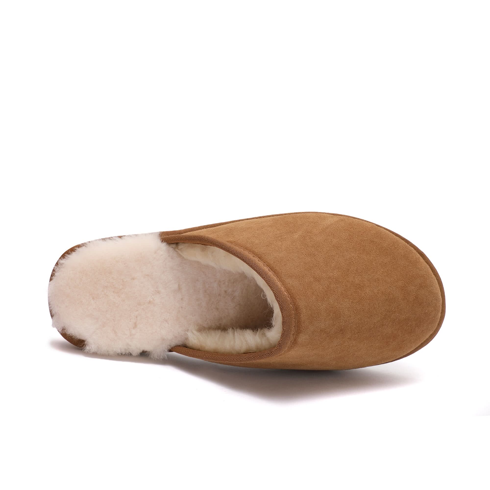 Chestnut suede slipper with sheepskin lining, top view. - Yellow Earth Australia