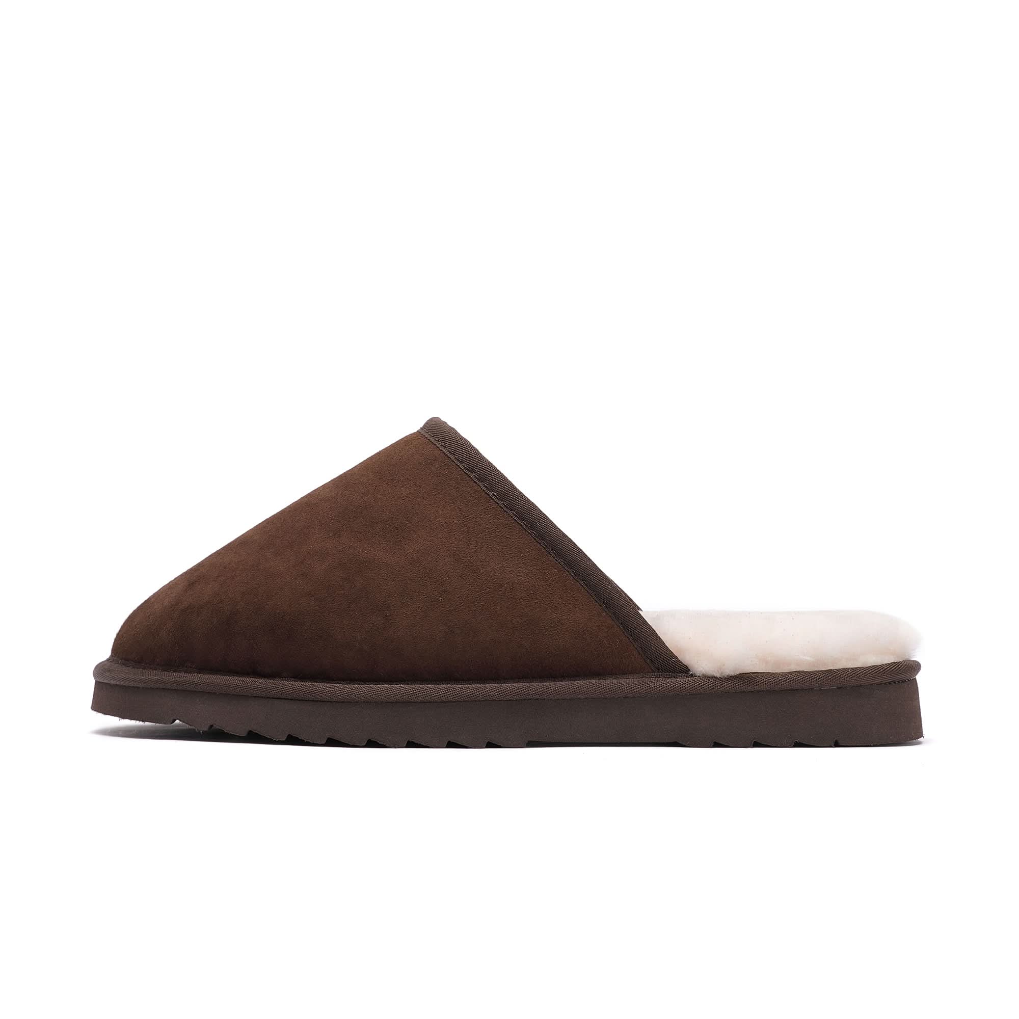 Brown suede sheepskin slide slipper with wool lining, side view. - Yellow Earth Australia