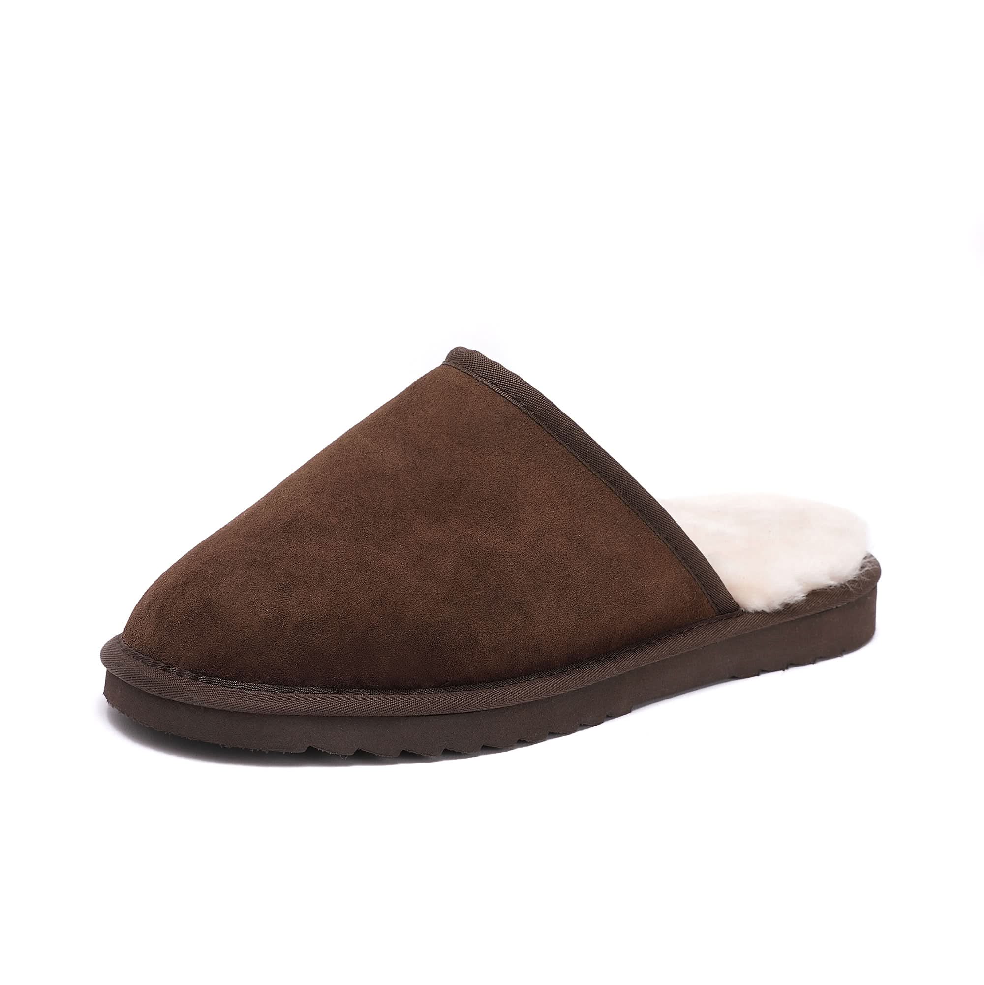 Brown suede sheepskin mule slipper with fleece lining, side view. - Yellow Earth Australia
