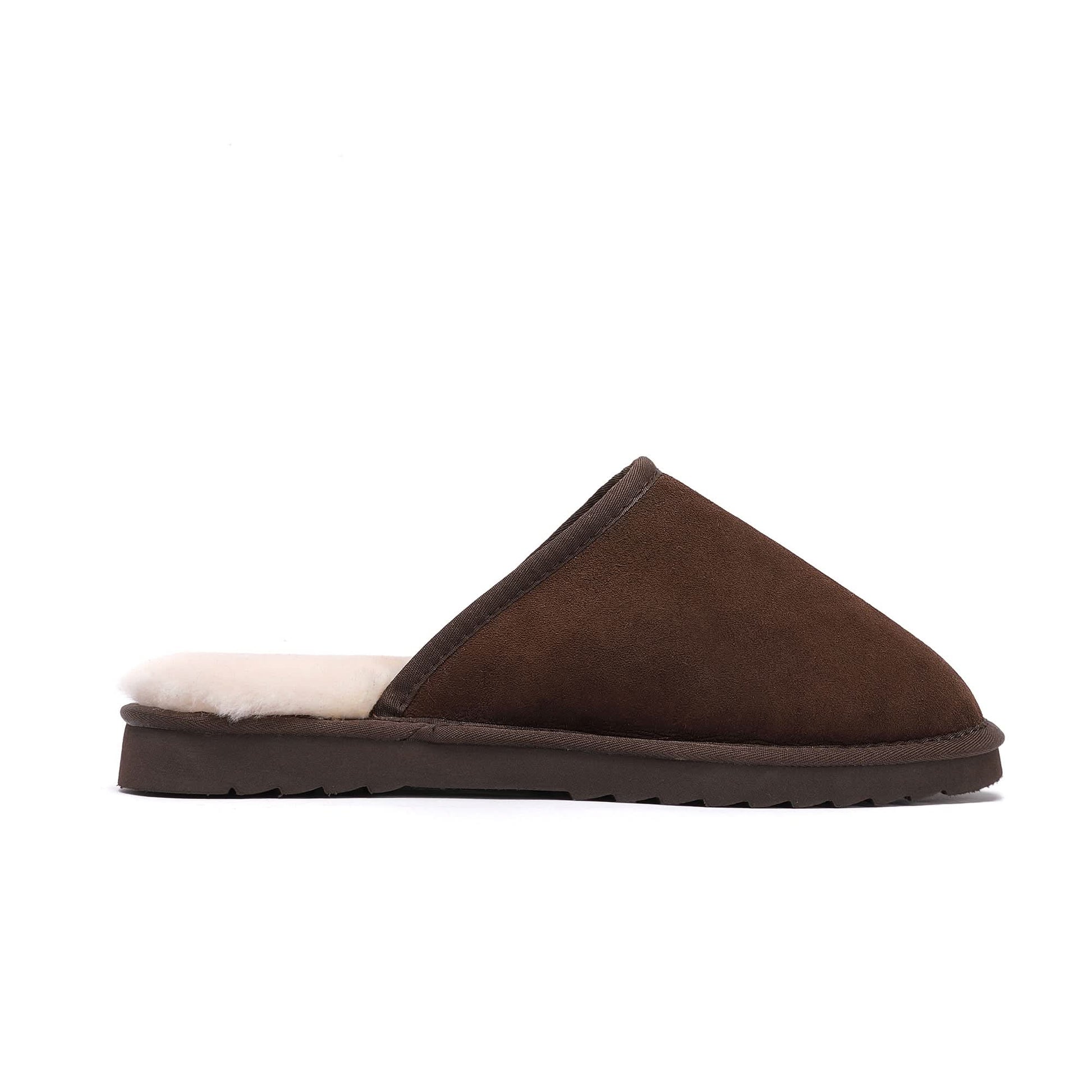 Brown suede sheepskin slipper with wool lining, side view. - Yellow Earth Australia