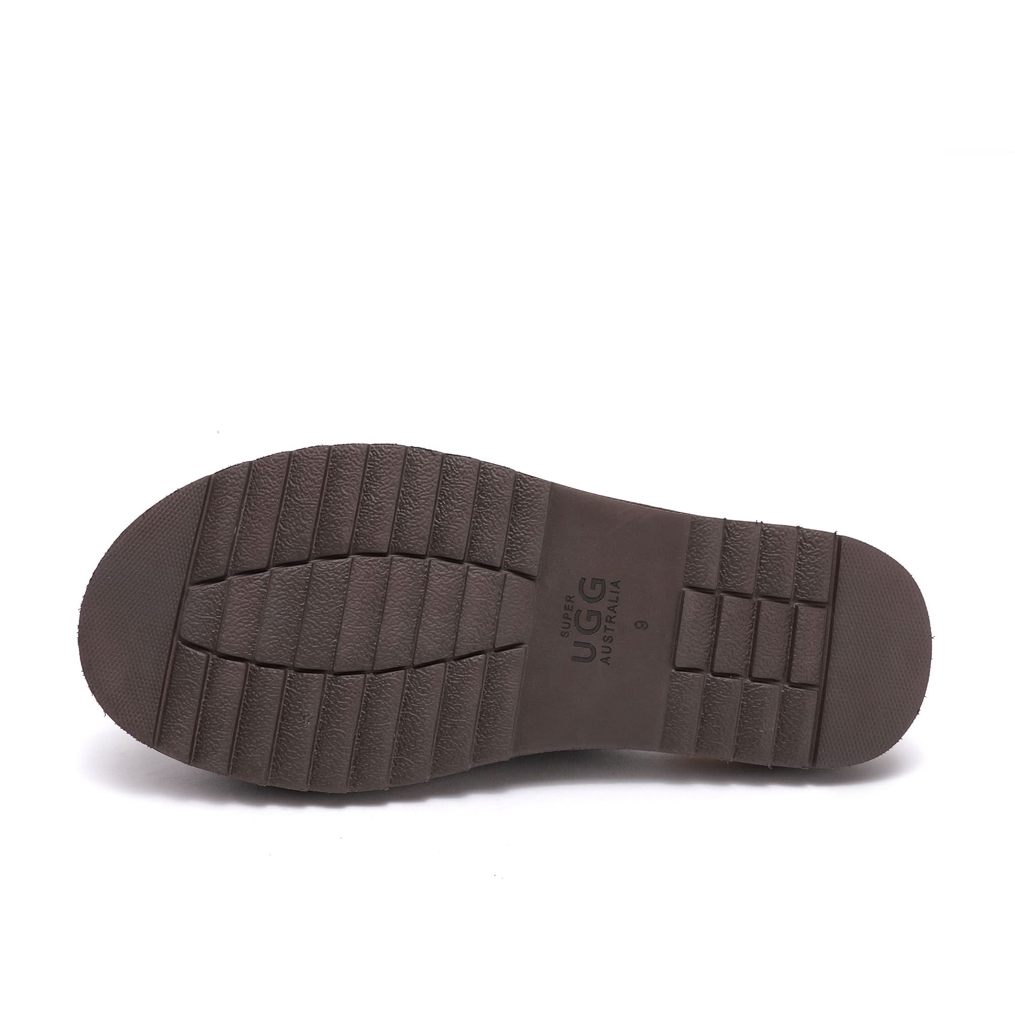 Brown sheepskin boot sole with textured grip pattern, bottom view. - Yellow Earth Australia