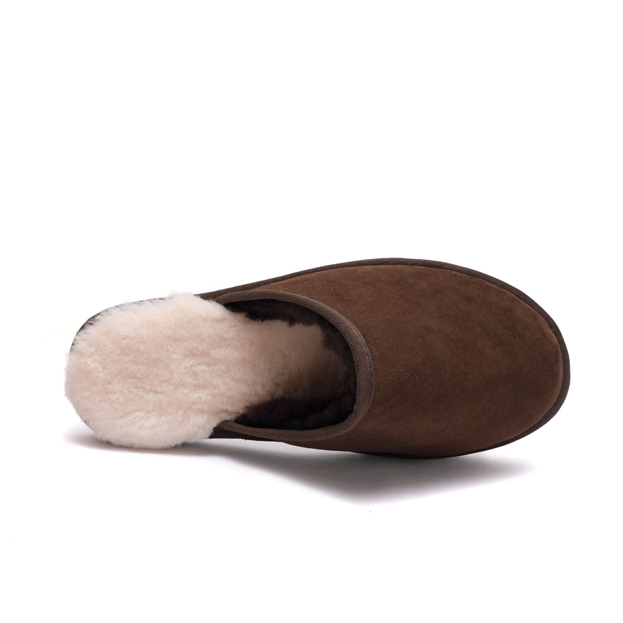 Brown suede sheepskin slipper boot with cream wool lining, top view. - Yellow Earth Australia