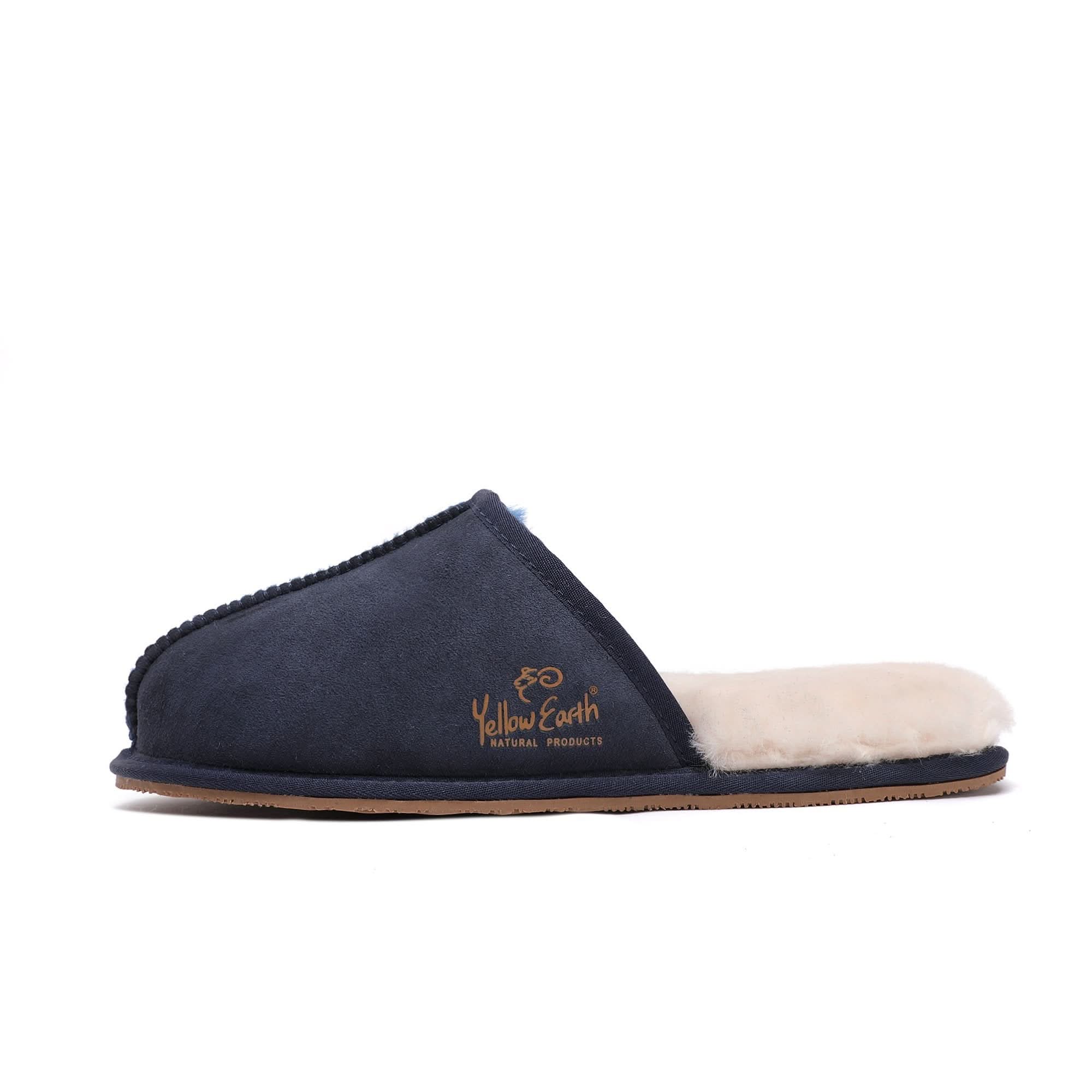 Navy sheepskin slipper with cream wool lining, side view on white background. - Yellow Earth Australia