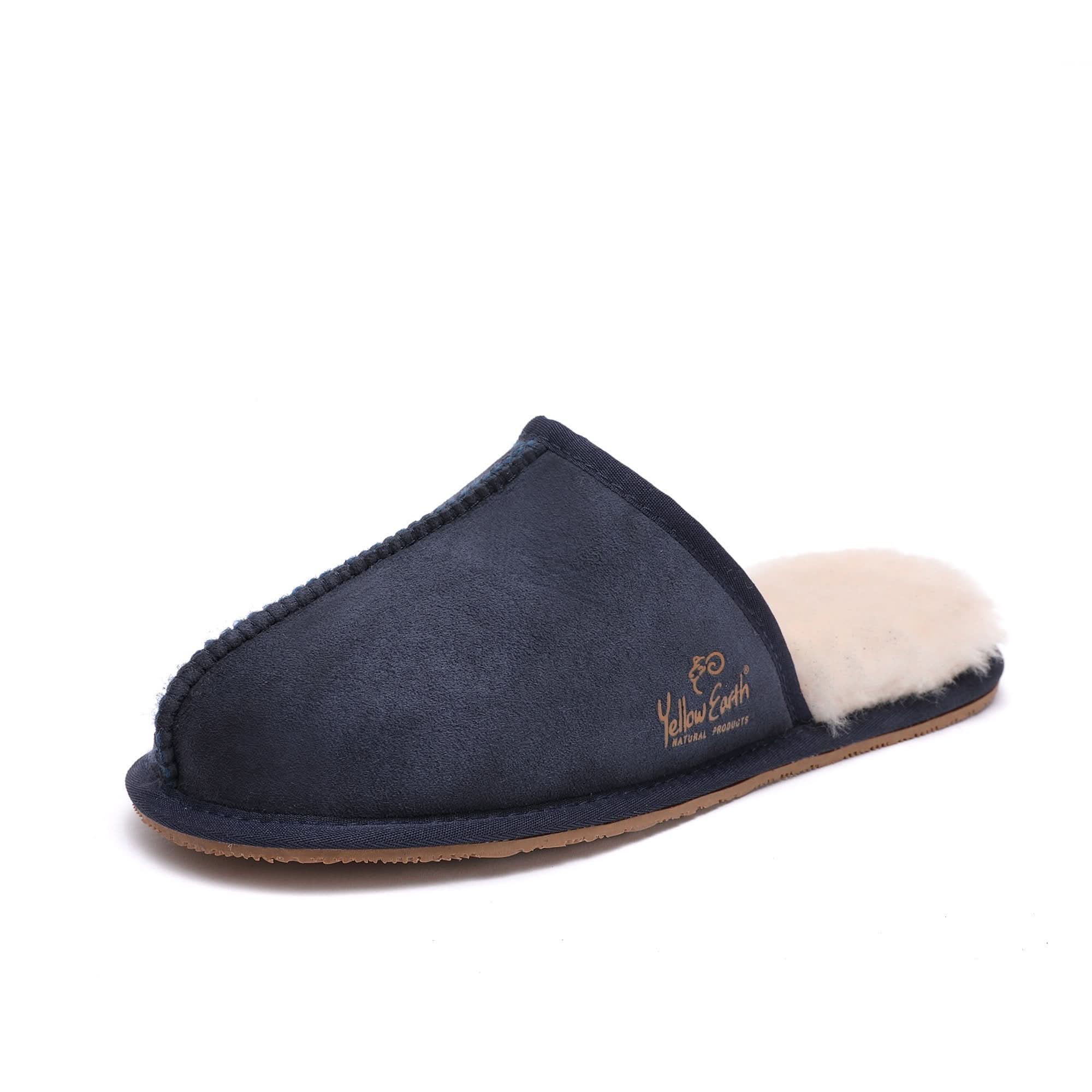 Navy sheepskin scuff slipper with cream wool lining, side view. - Yellow Earth Australia