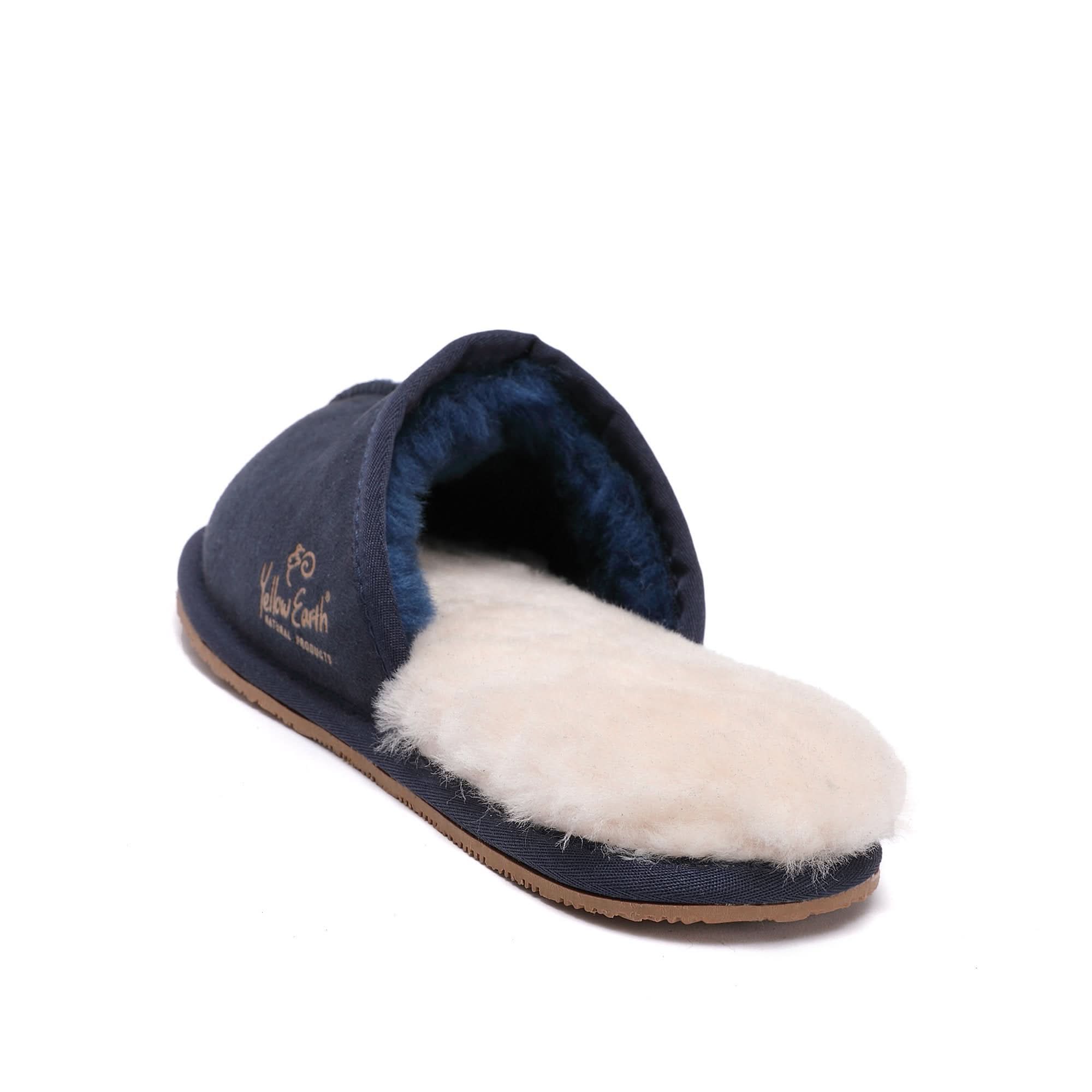 Navy and cream sheepskin slipper with soft wool lining, side view. - Yellow Earth Australia