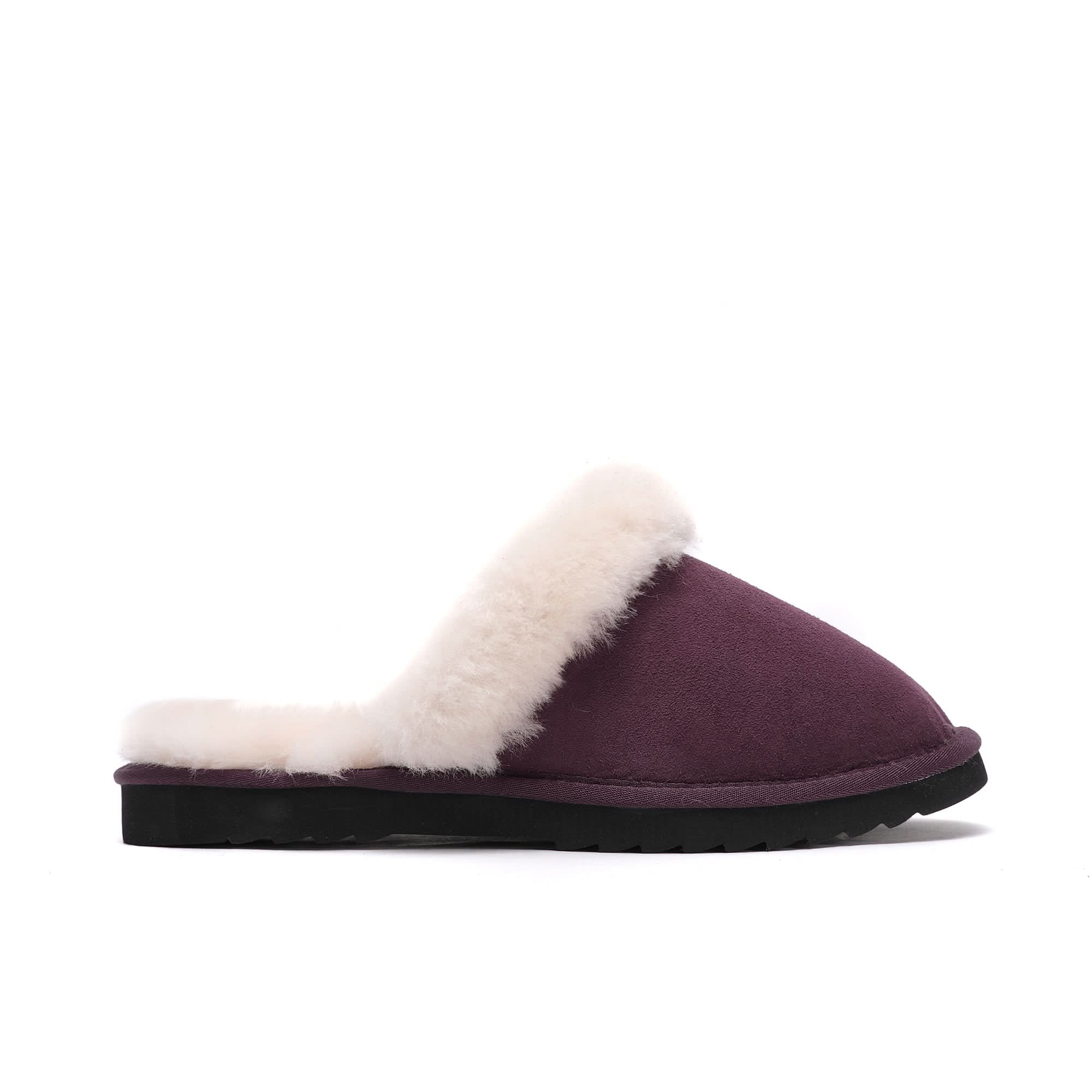 Burgundy sheepskin slipper with white wool lining, side view on white background. - Yellow Earth Australia