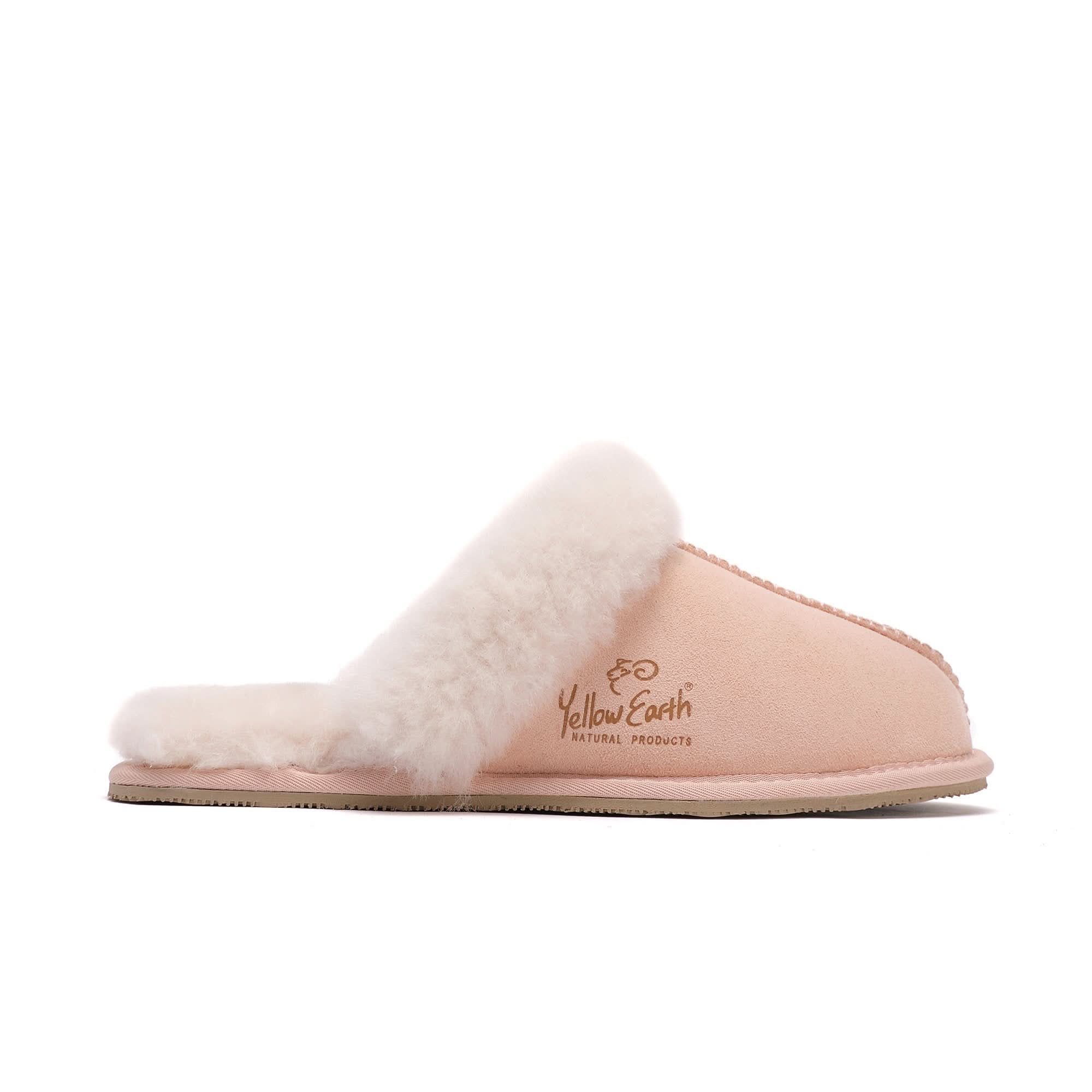 Pink sheepskin slipper with fluffy wool lining, side profile view. - Yellow Earth Australia