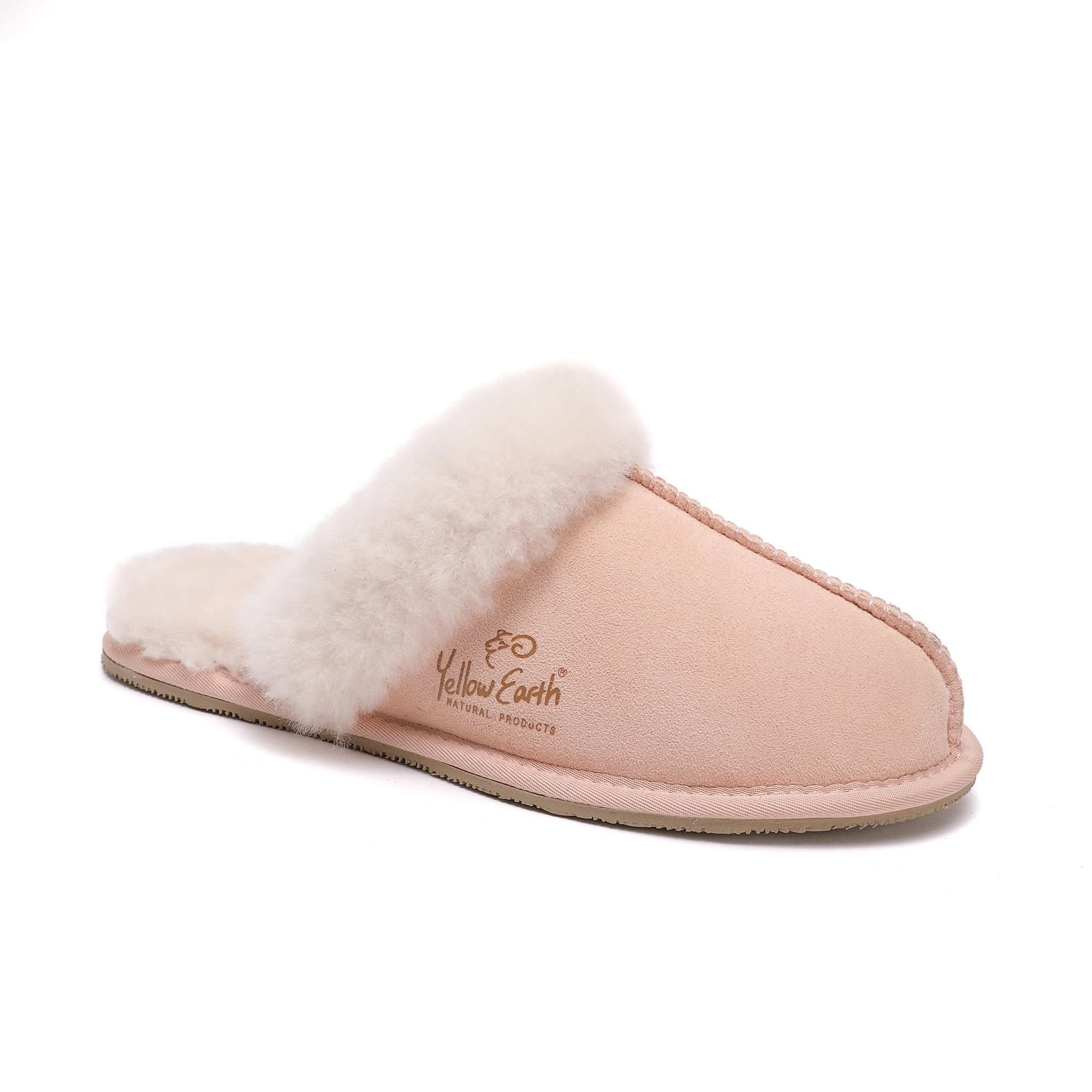 Pink sheepskin mule slipper with fluffy wool collar, side view. - Yellow Earth Australia