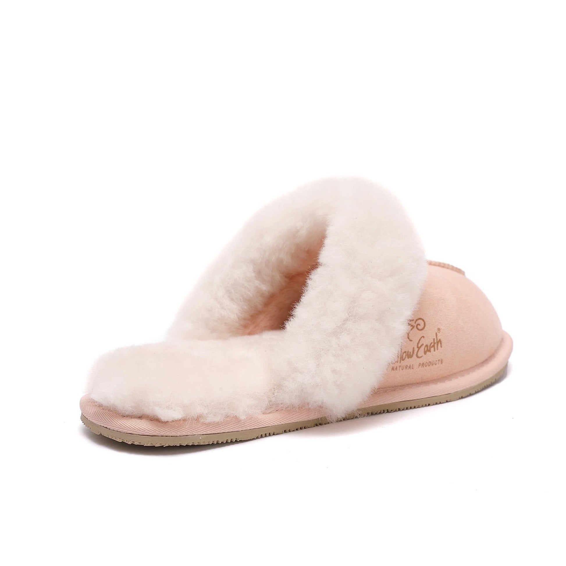 Soft pink sheepskin slipper with fluffy wool lining, side view angle. - Yellow Earth Australia