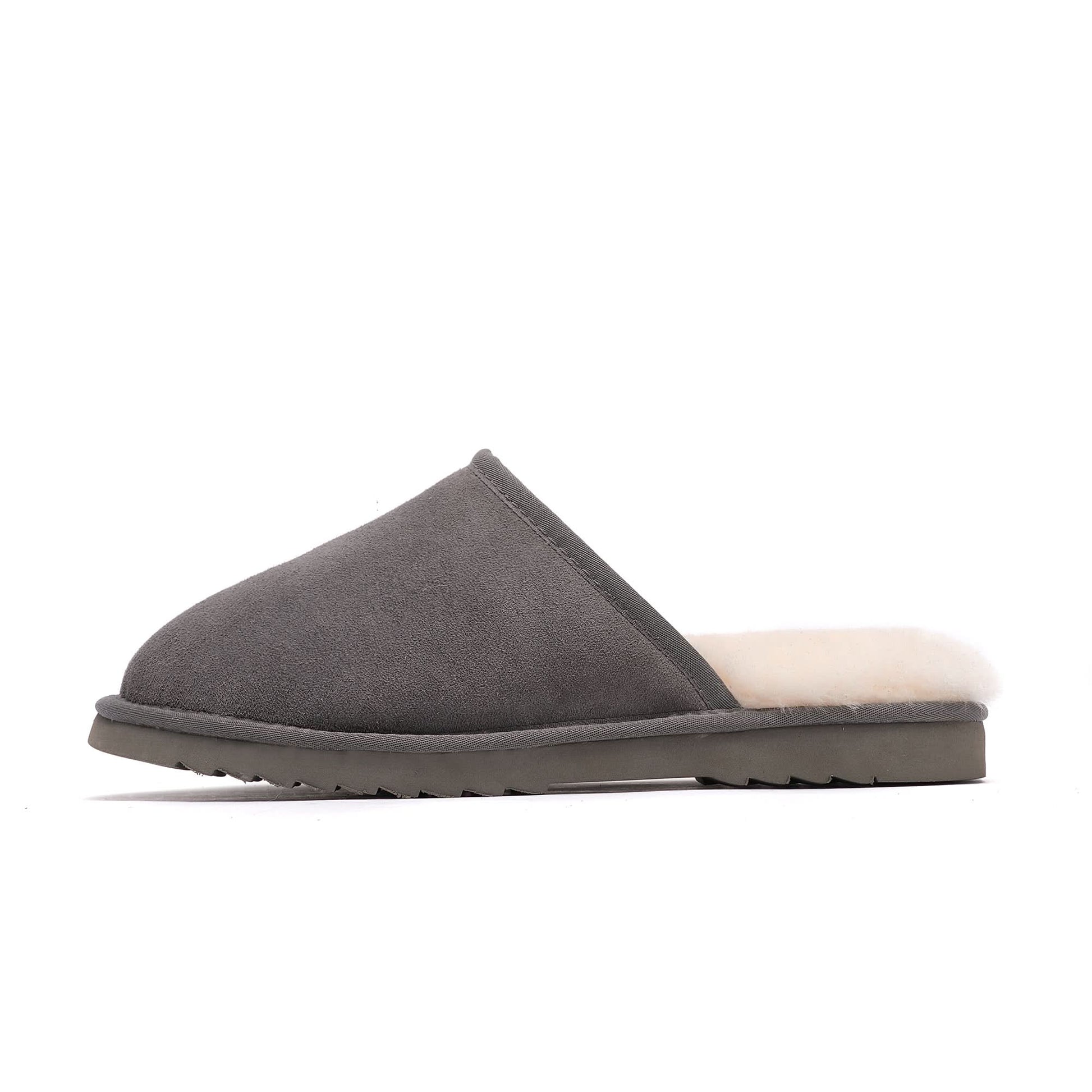 Grey sheepskin slide slipper with cream wool lining, side view. - Yellow Earth Australia