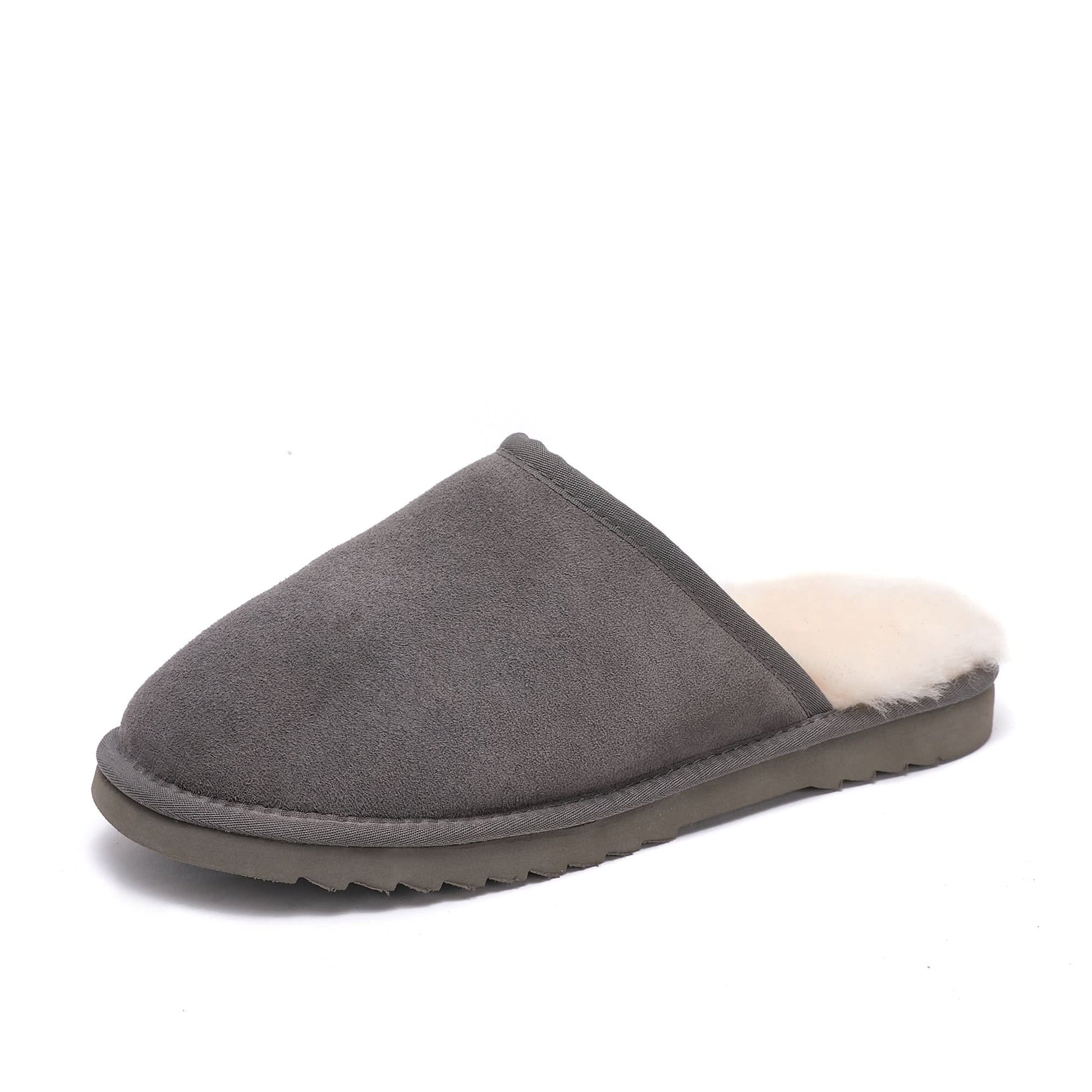 Grey sheepskin slipper mule with wool lining, side view. - Yellow Earth Australia