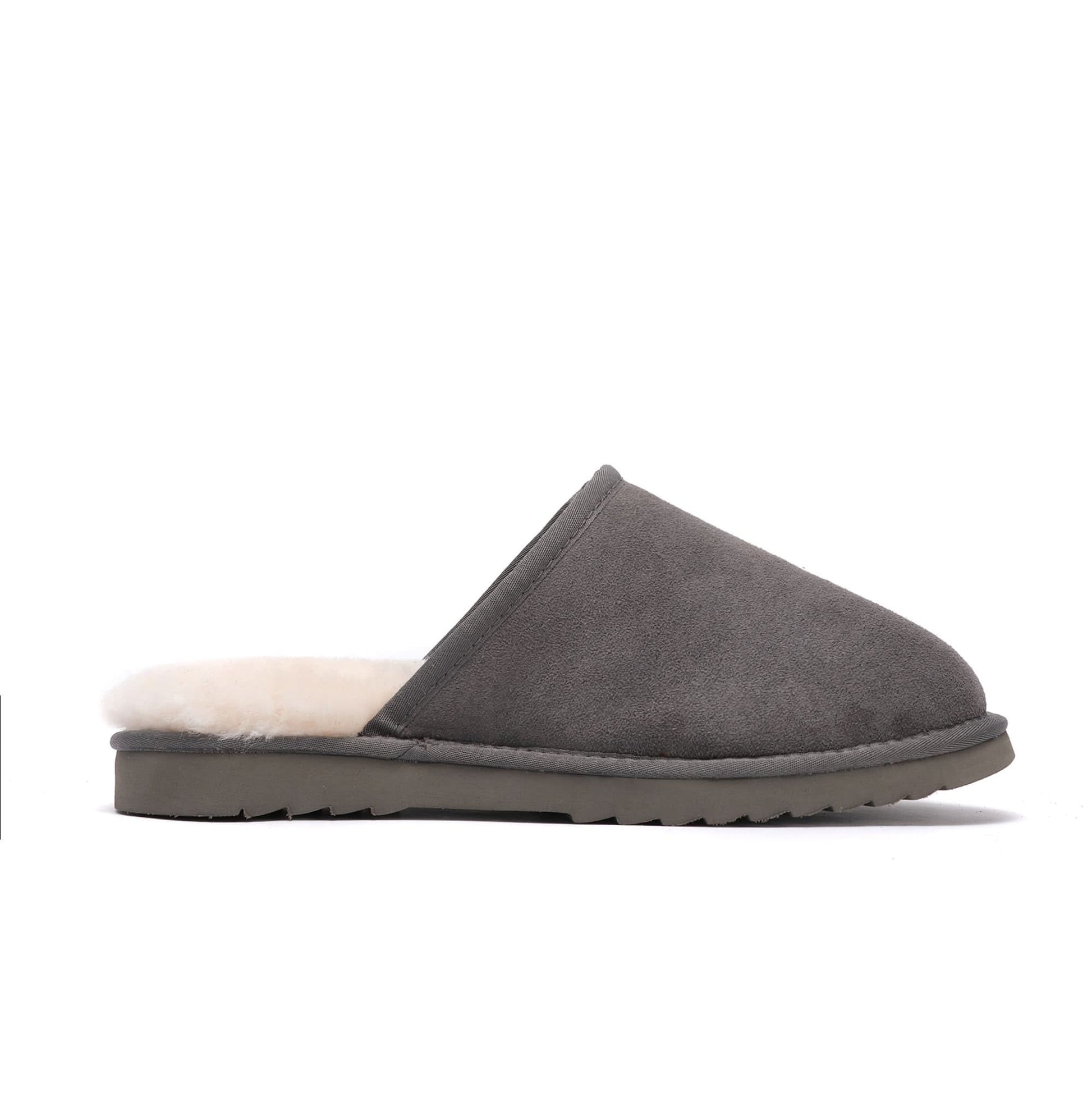 Grey sheepskin slippers with wool lining, side profile view. - Yellow Earth Australia