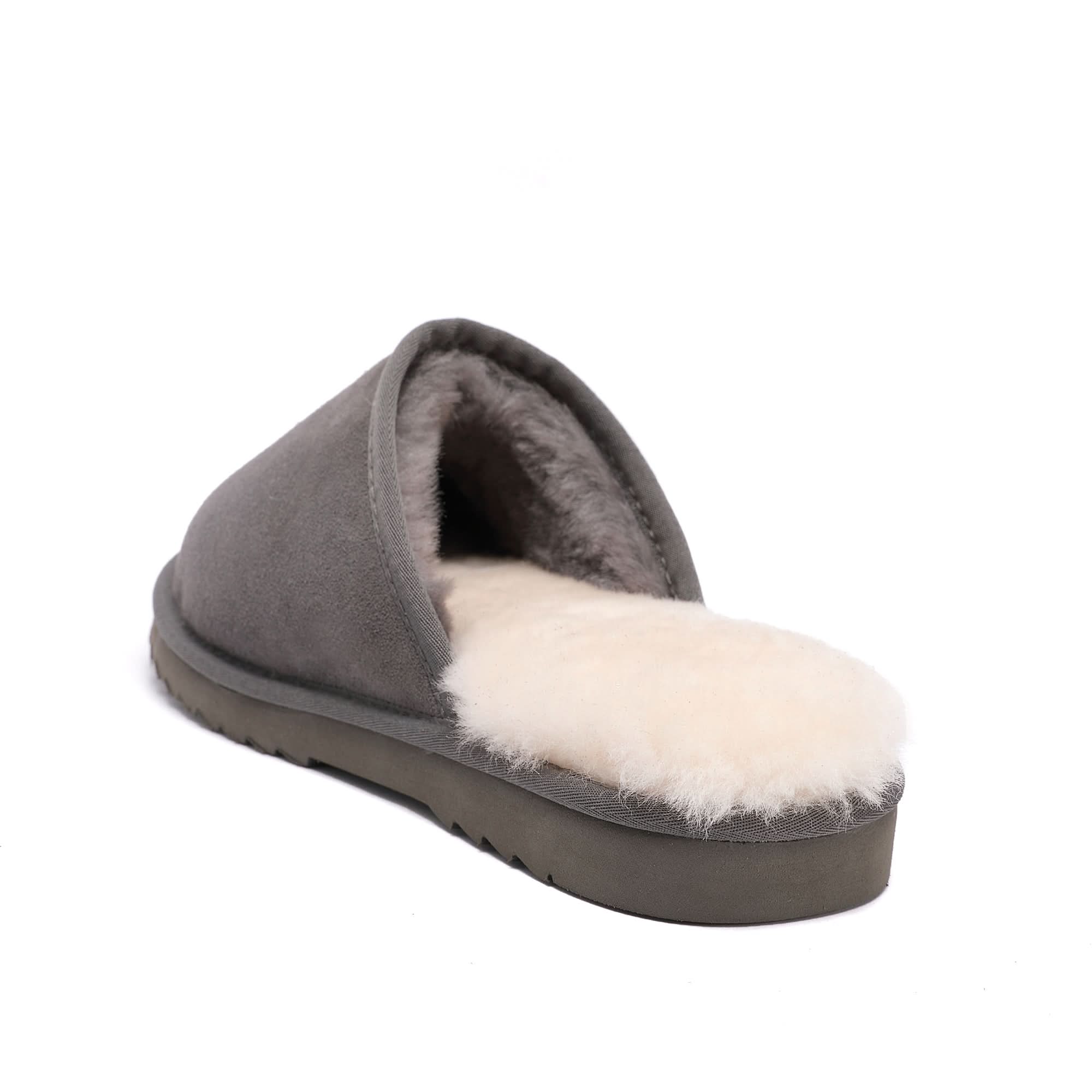 Grey sheepskin slipper with cream wool lining, side view. - Yellow Earth Australia