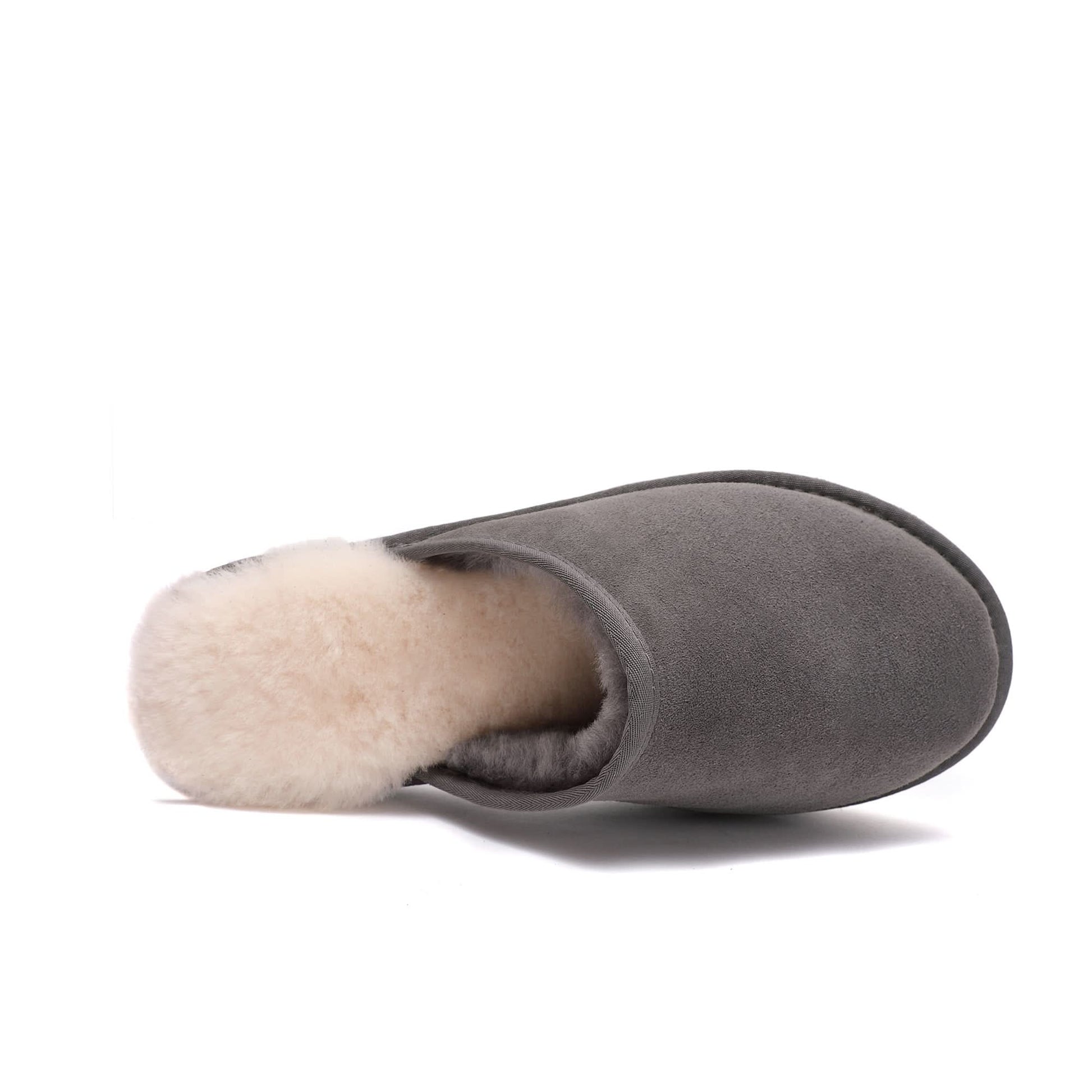 Grey sheepskin slipper boot with cream wool lining, top-down view. - Yellow Earth Australia