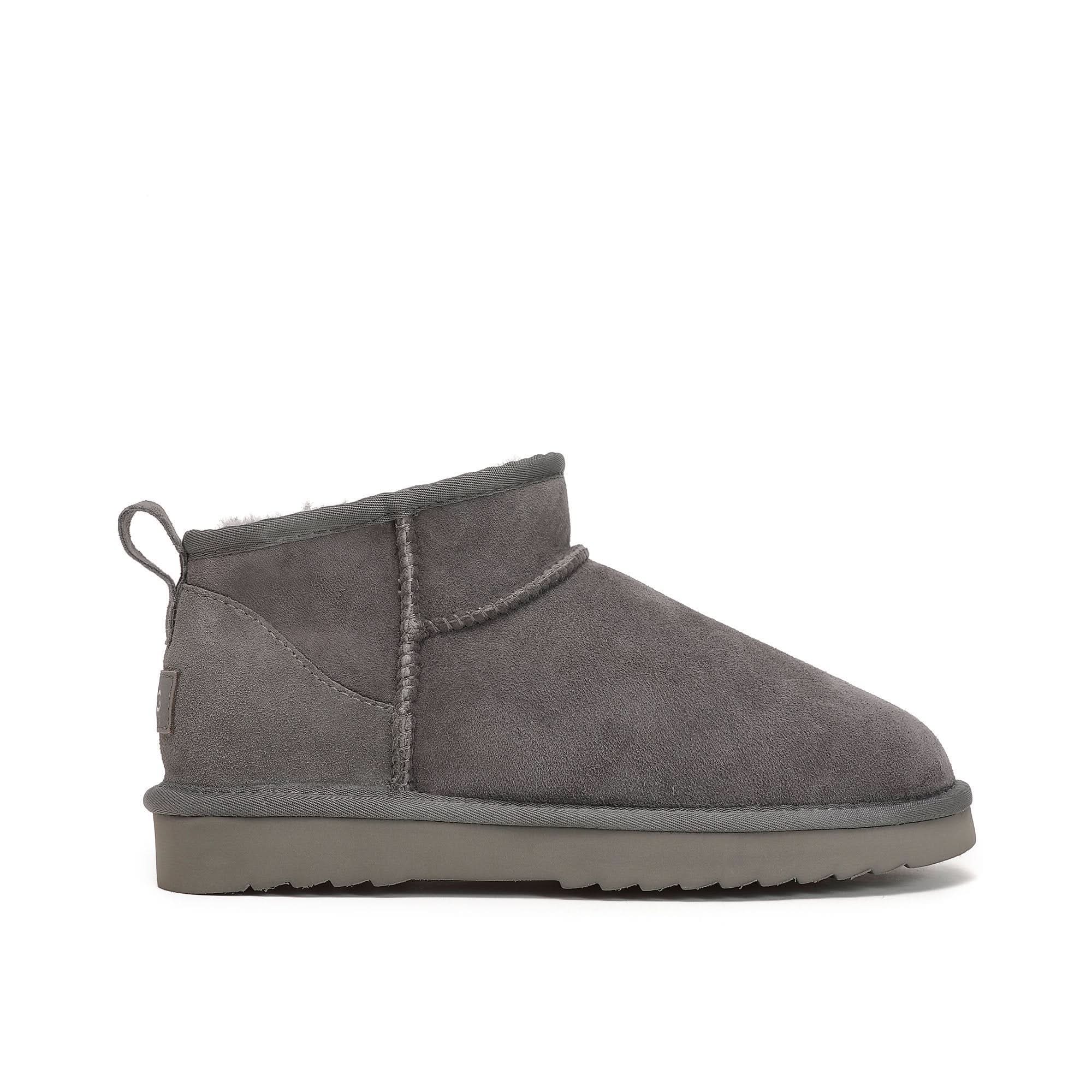 Grey ultra-short sheepskin ankle boot with fluffy wool lining, side view. - Yellow Earth Australia