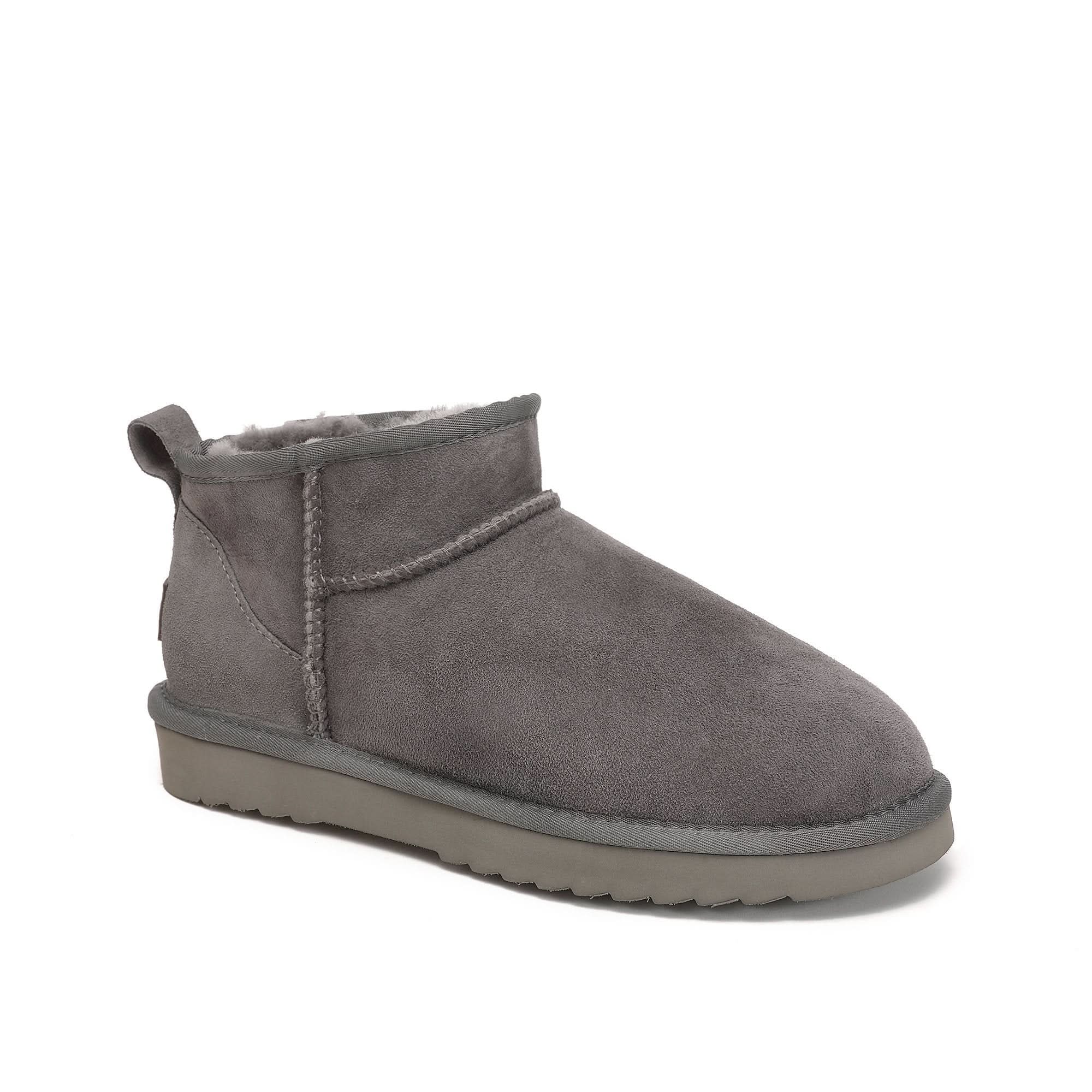 Grey suede ankle boot with sheepskin lining, side view. - Yellow Earth Australia