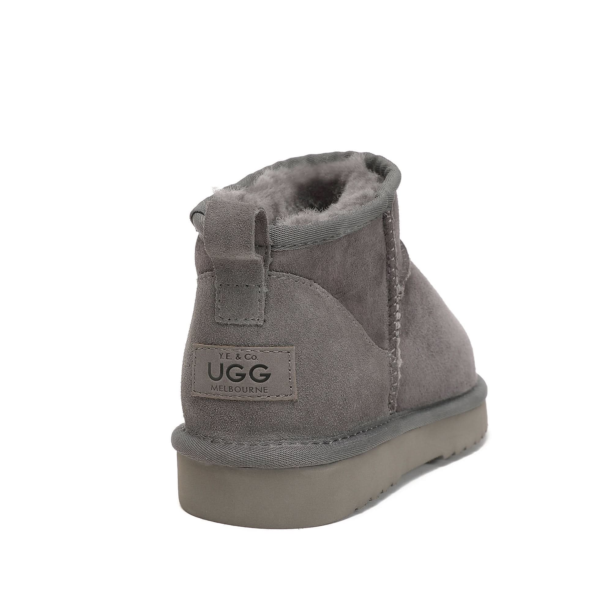 Grey suede sheepskin ankle boot with wool lining, rear view. - Yellow Earth Australia