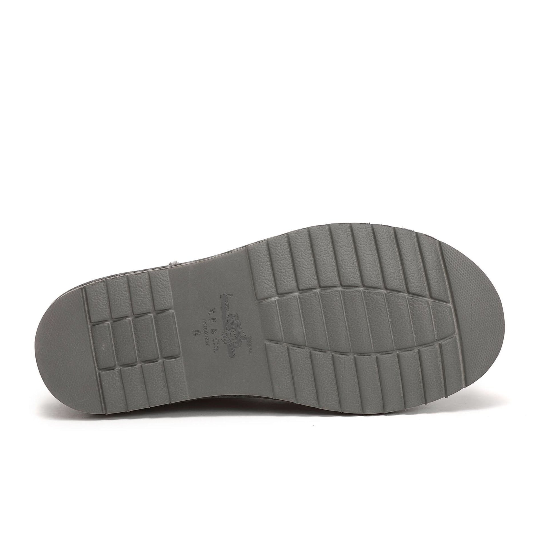 Grey sheepskin slip-on shoe sole viewed from underneath showing cushioned textured rubber tread. - Yellow Earth Australia