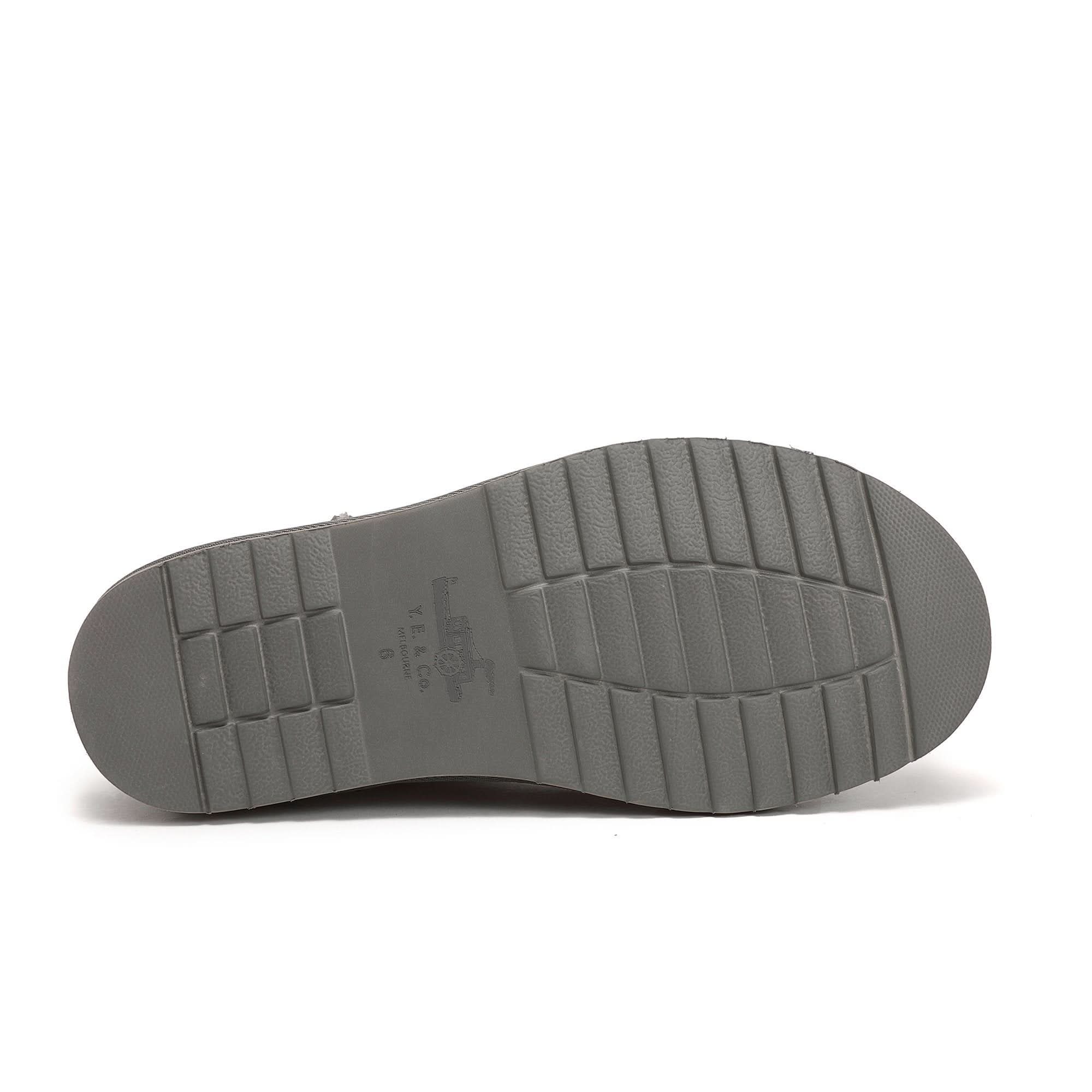 Grey sheepskin slip-on shoe sole viewed from underneath showing cushioned textured rubber tread. - Yellow Earth Australia