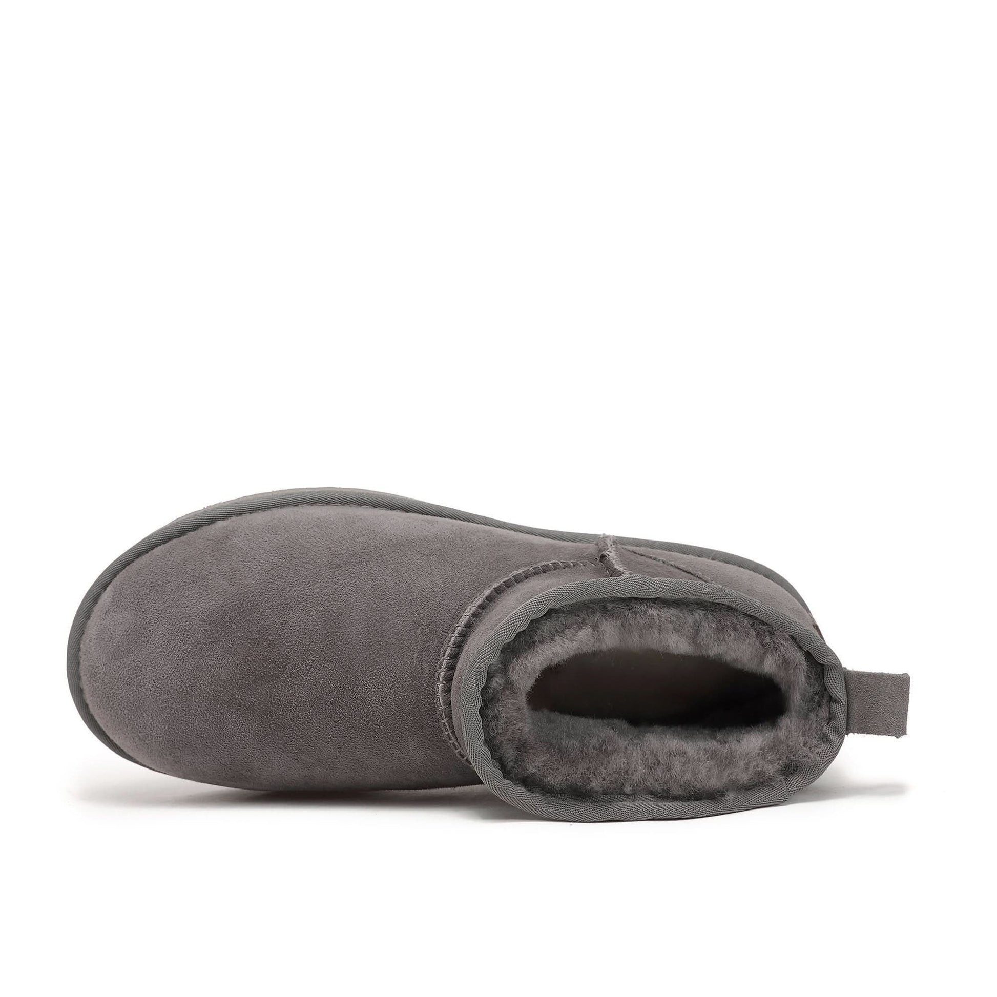 Grey suede sheepskin ankle boot with soft wool lining, top view. - Yellow Earth Australia