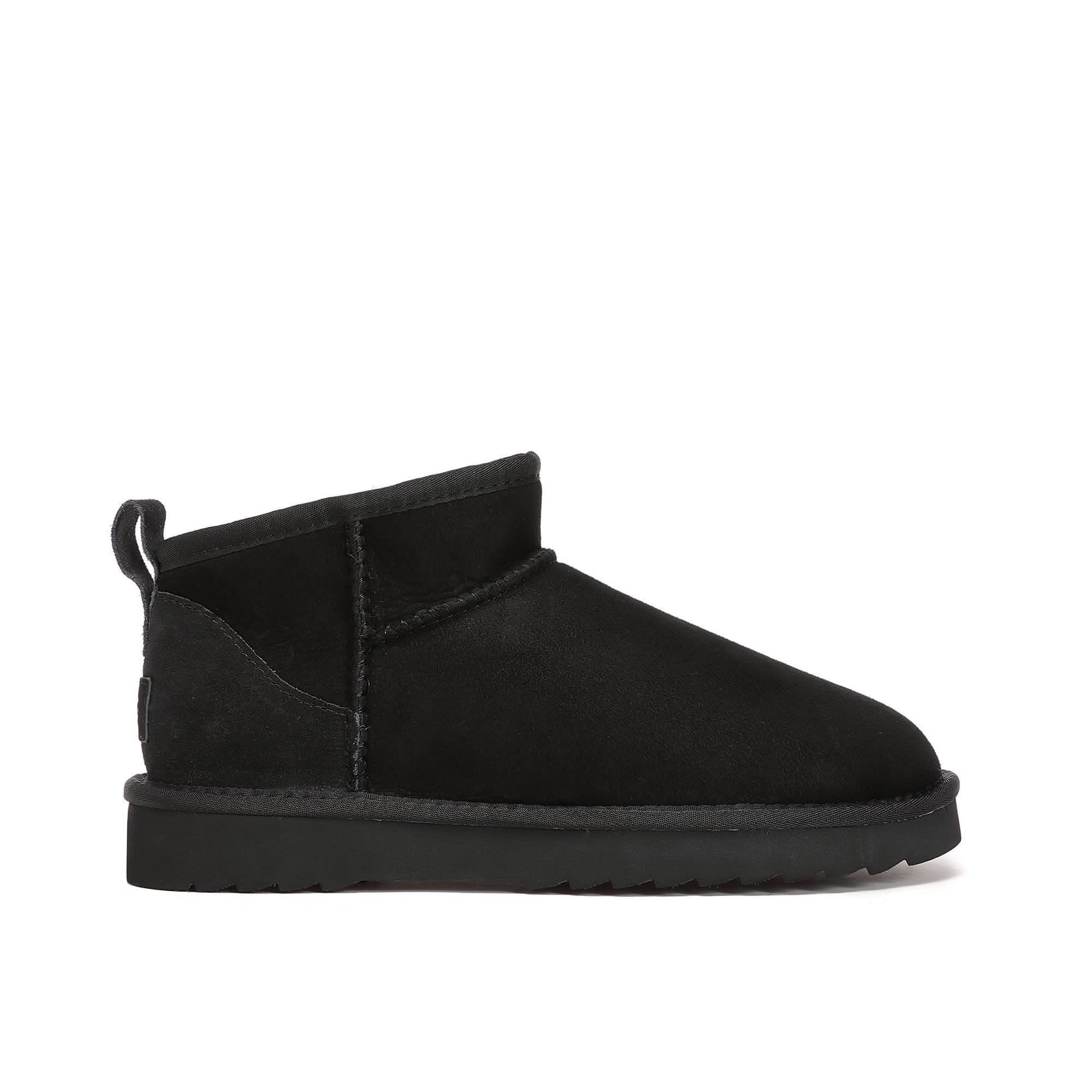 Black suede sheepskin ankle boot with chunky sole, side view. - Yellow Earth Australia