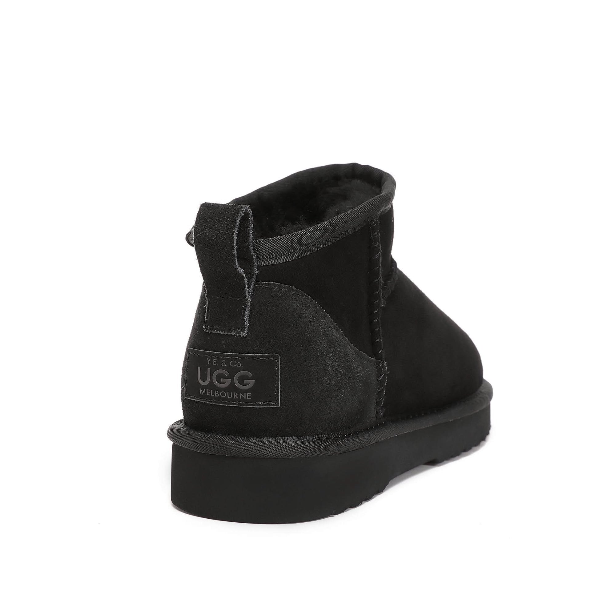 Black sheepskin ankle boot with suede upper and wool lining, rear view. - Yellow Earth Australia