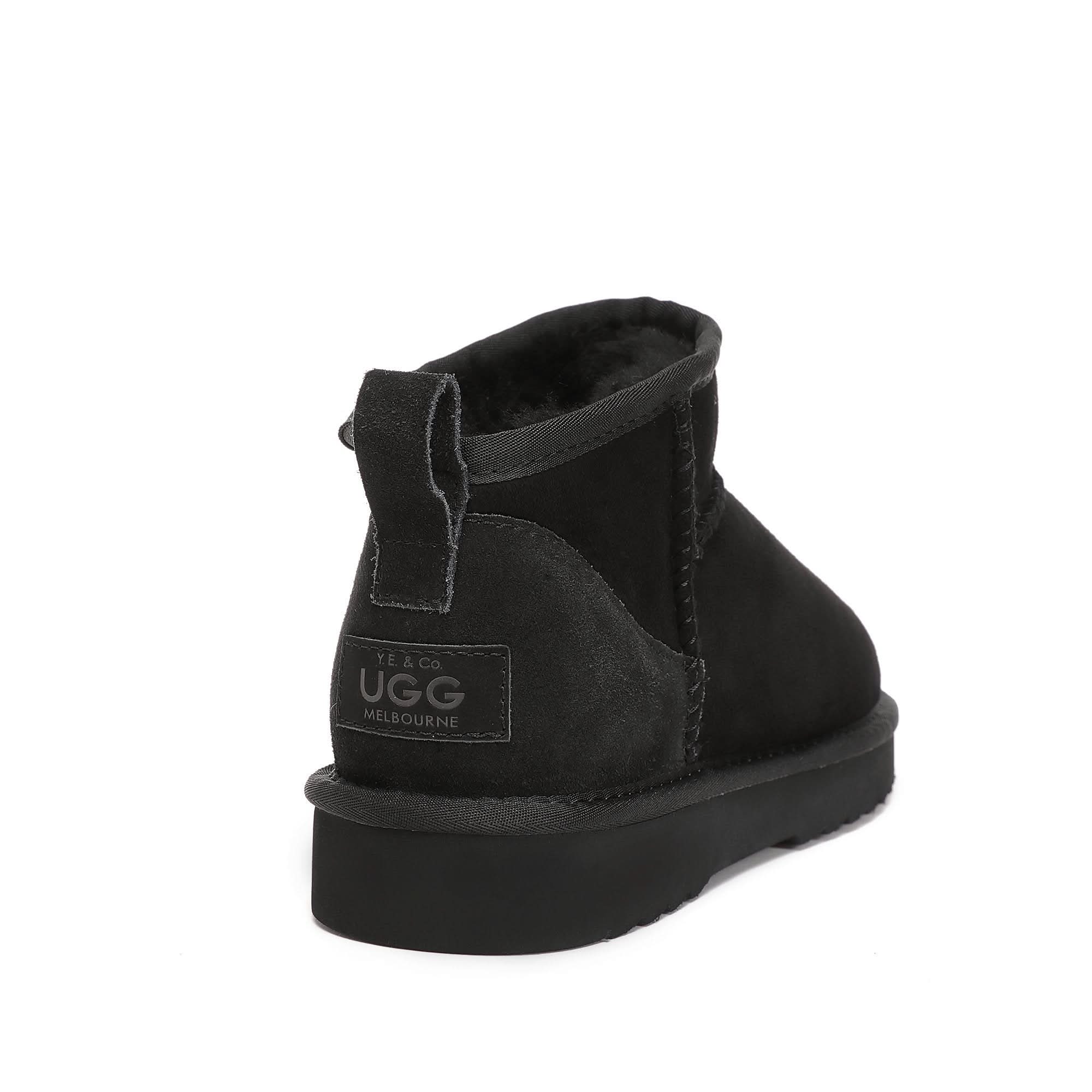 Black sheepskin ankle boot with suede upper and wool lining, rear view. - Yellow Earth Australia