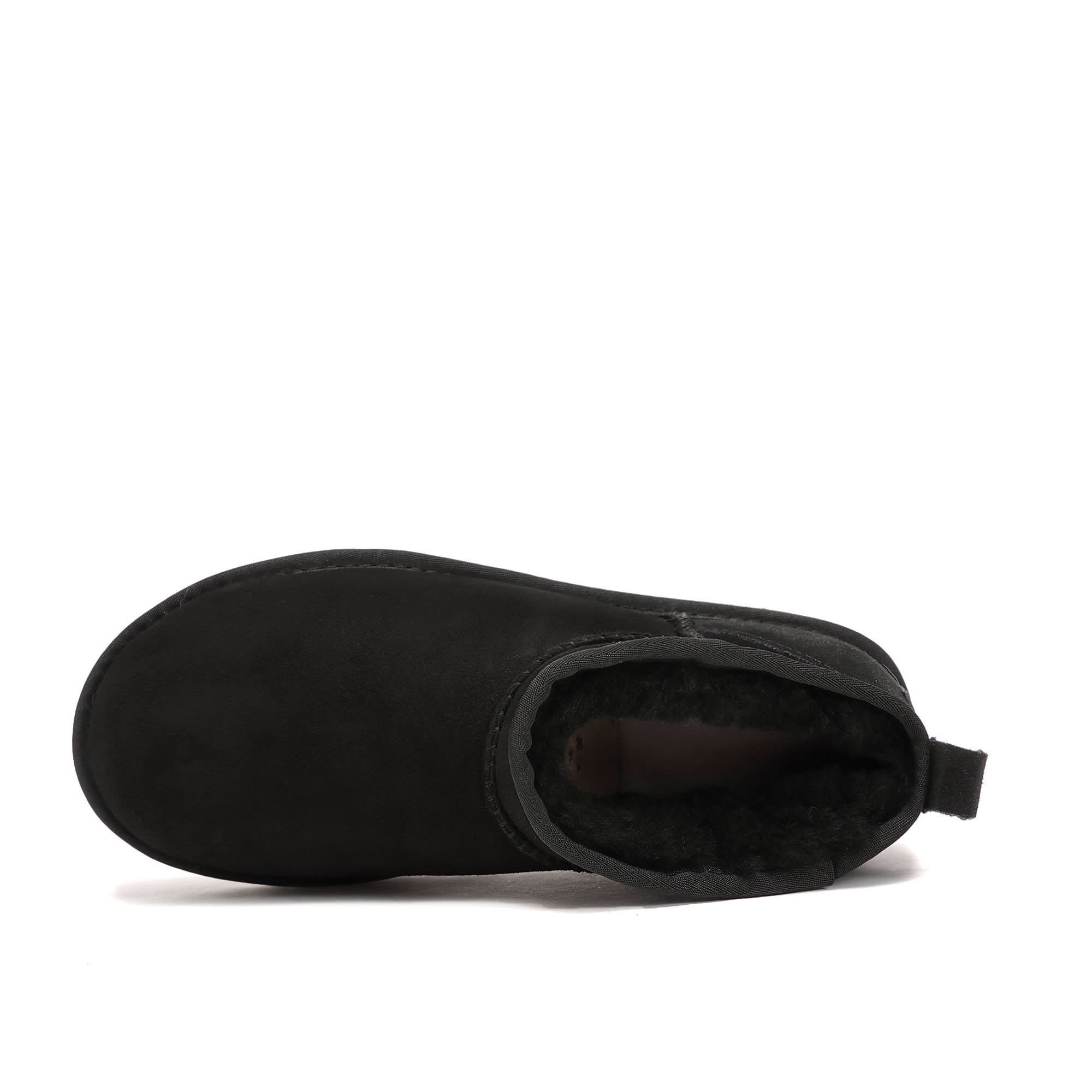 Black suede sheepskin ankle boot with wool lining, top-down view. - Yellow Earth Australia