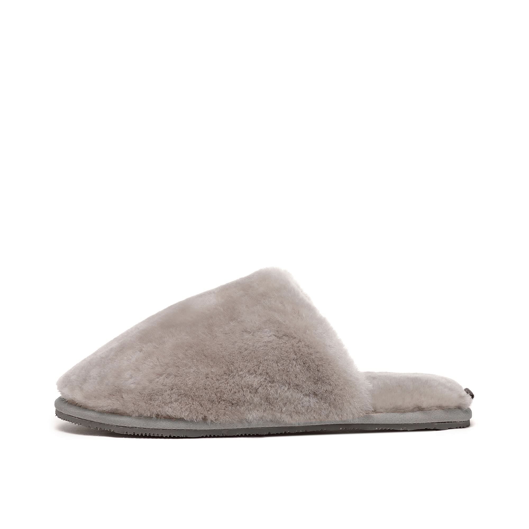 Cream sheepskin slipper with soft wool upper, side view on white background. - Yellow Earth Australia