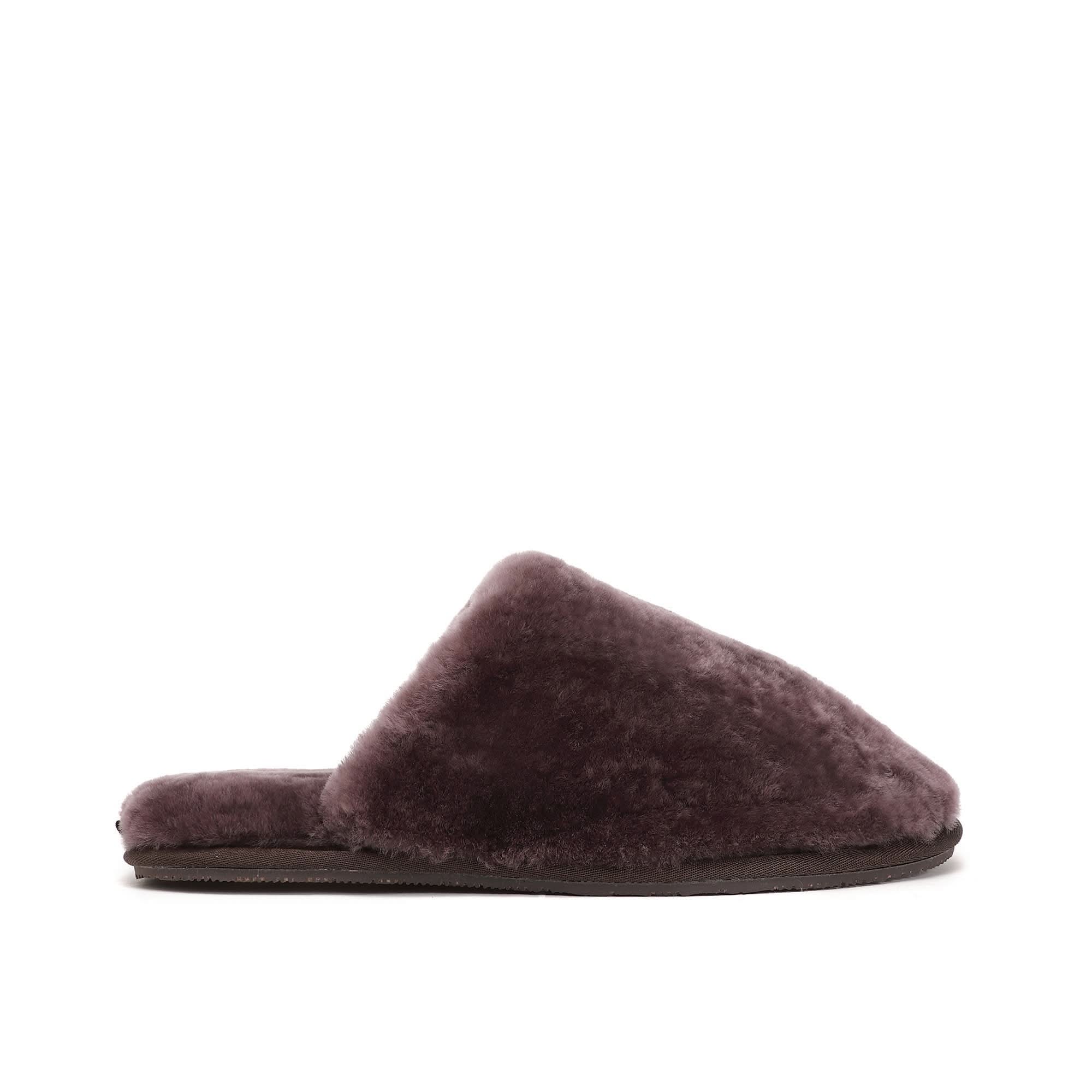 Plum sheepskin slipper with soft wool lining, side view on white background. - Yellow Earth Australia