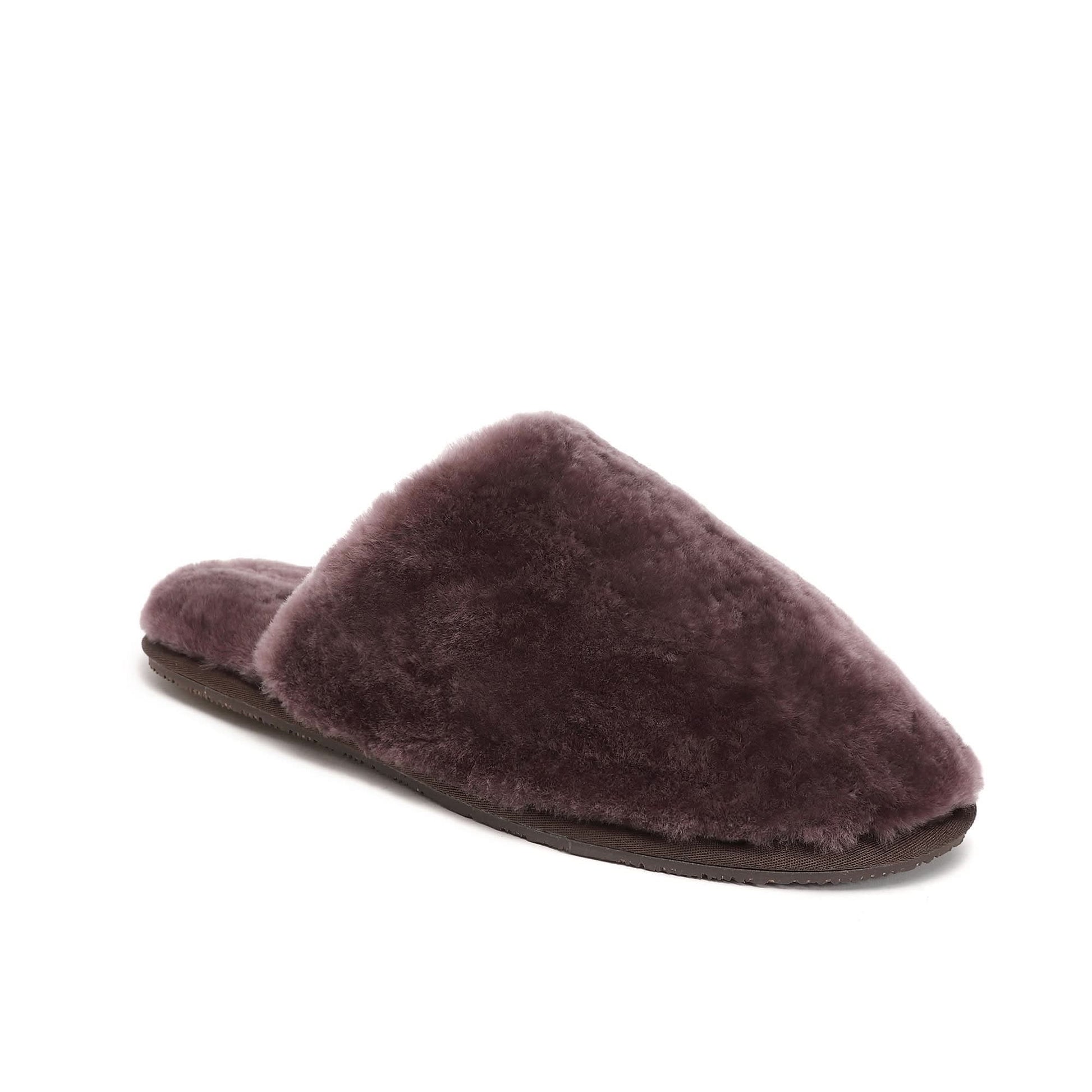 Charcoal grey sheepskin mule slipper with soft wool lining, side view. - Yellow Earth Australia