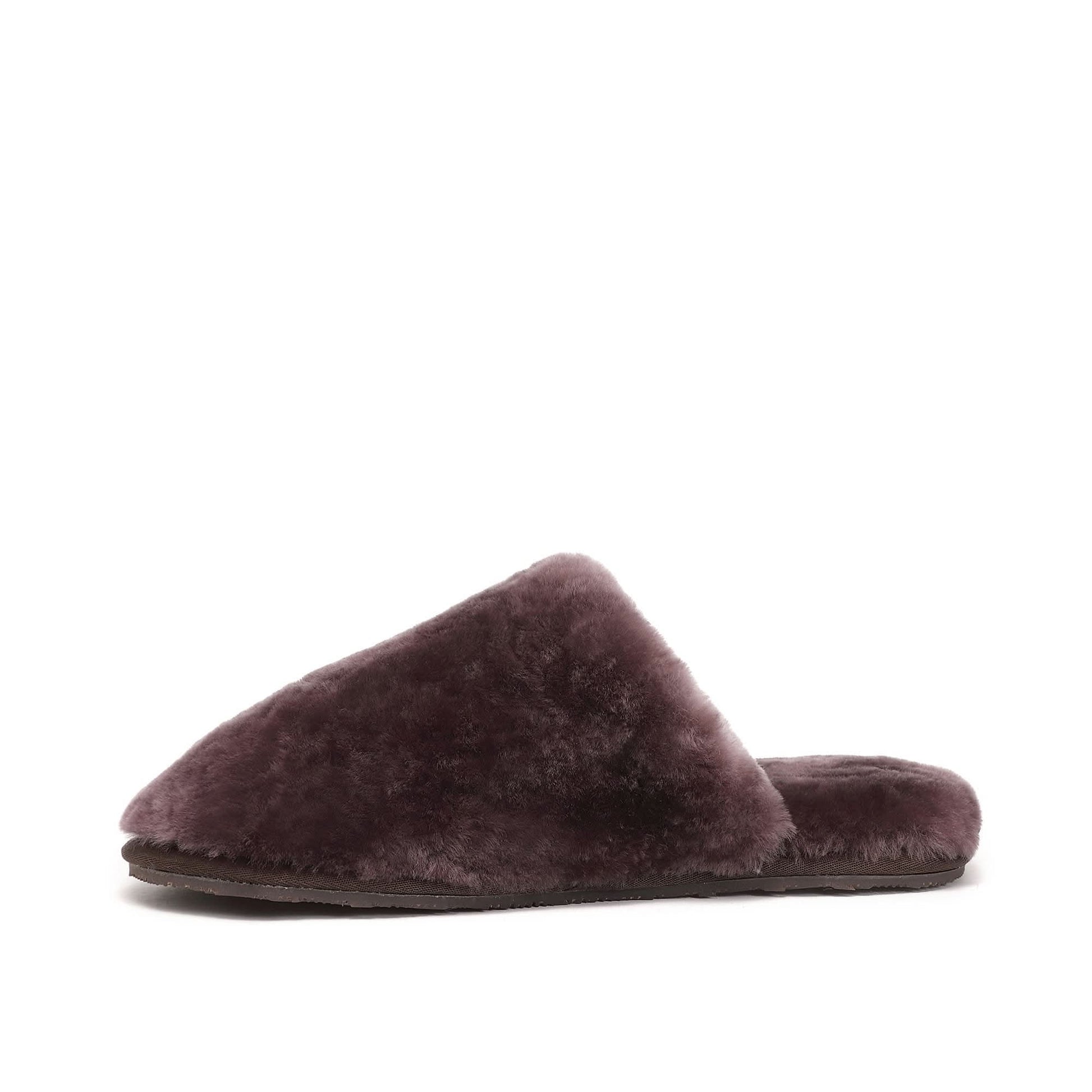Charcoal grey sheepskin slipper with soft wool lining, side view on white background. - Yellow Earth Australia