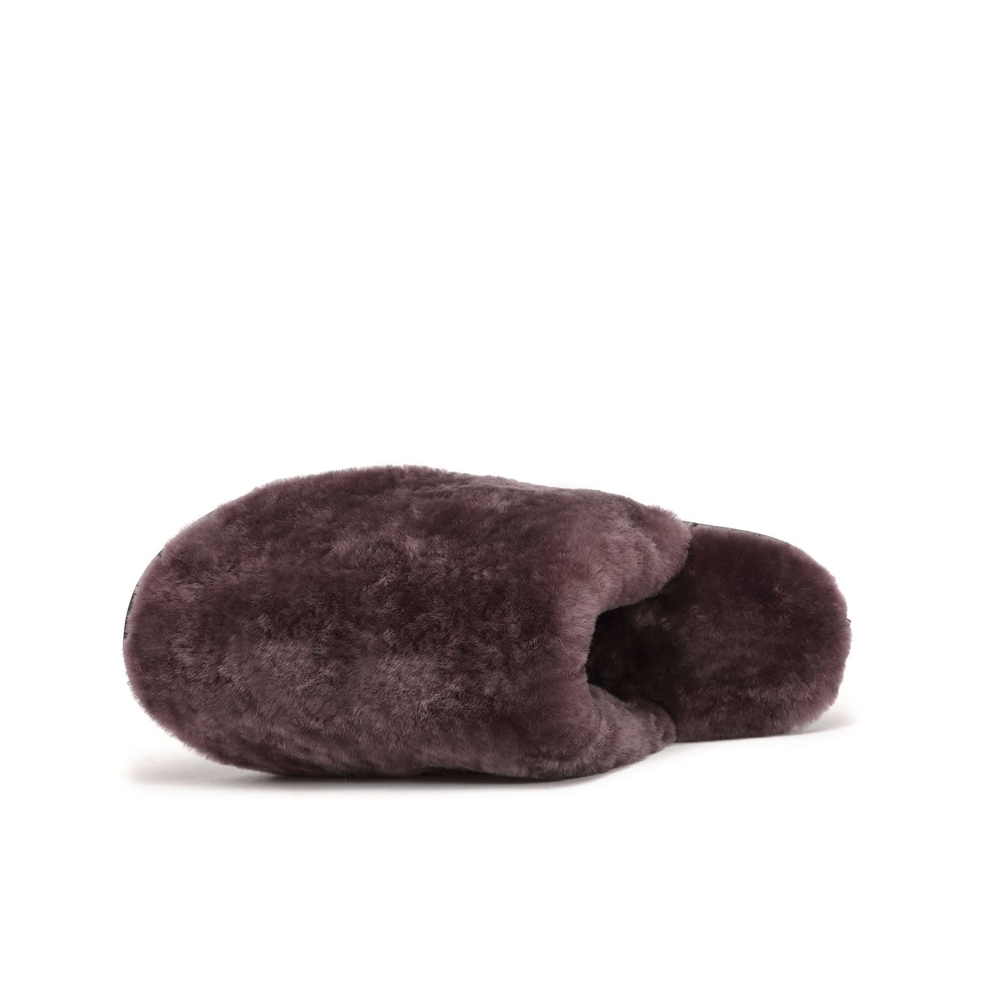 Charcoal grey sheepskin slipper viewed from the side, showing soft wool texture. - Yellow Earth Australia