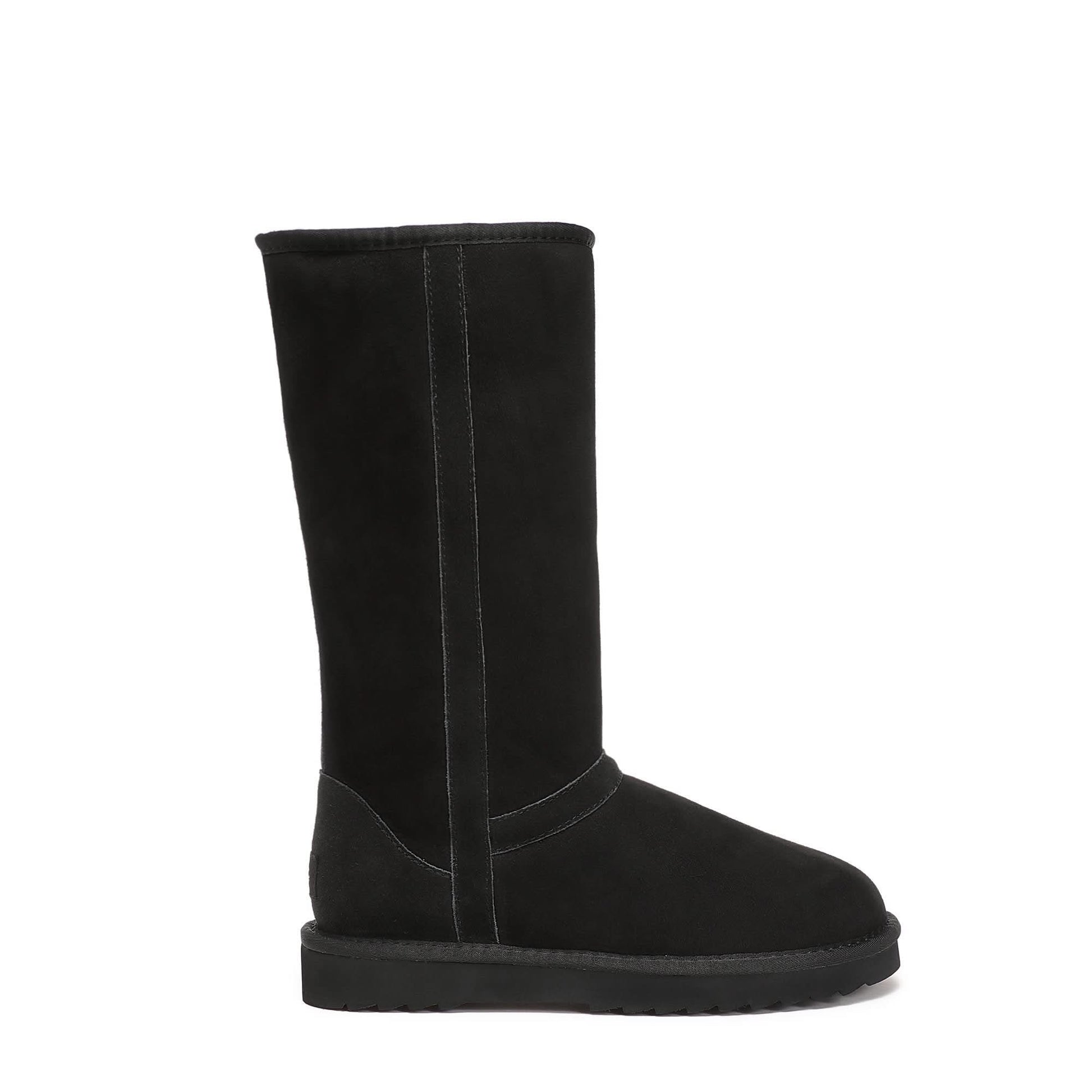 Black suede sheepskin mid-calf boot with fleece lining, side view. - Yellow Earth Australia