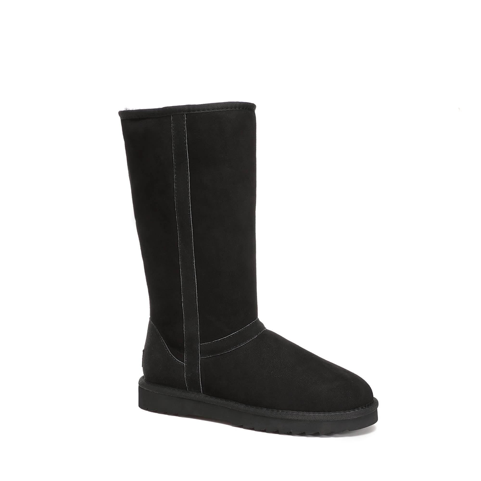 Black sheepskin tall boot with suede exterior, side view. - Yellow Earth Australia