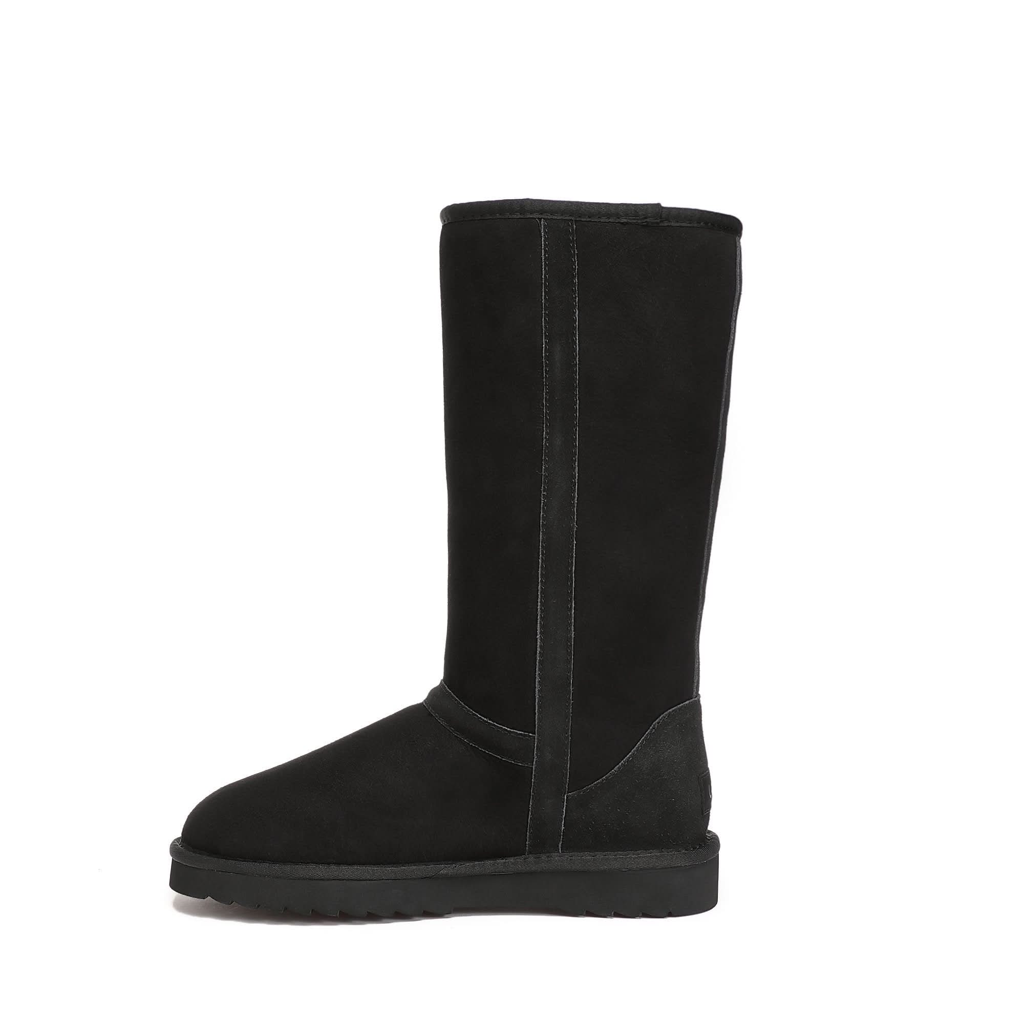 Black sheepskin tall boot with suede upper and thick wool lining, side view. - Yellow Earth Australia