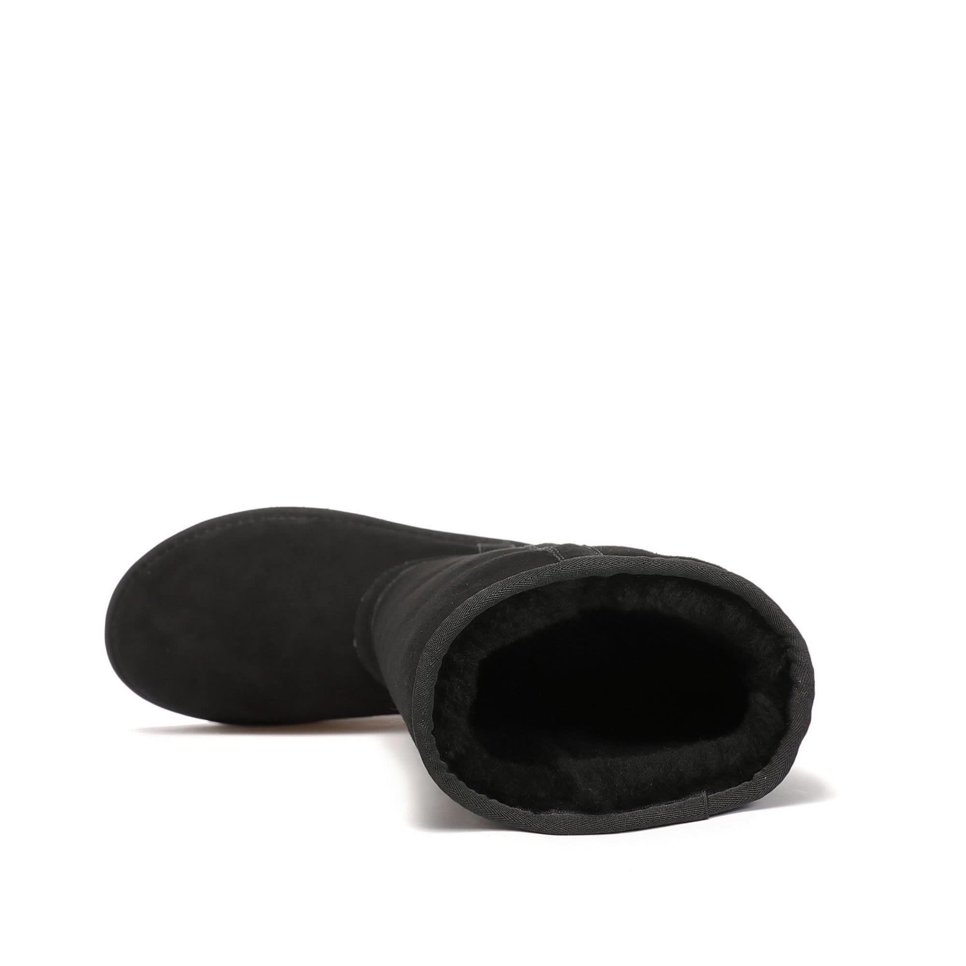 Black suede sheepskin boot with fleece lining, top-down view. - Yellow Earth Australia