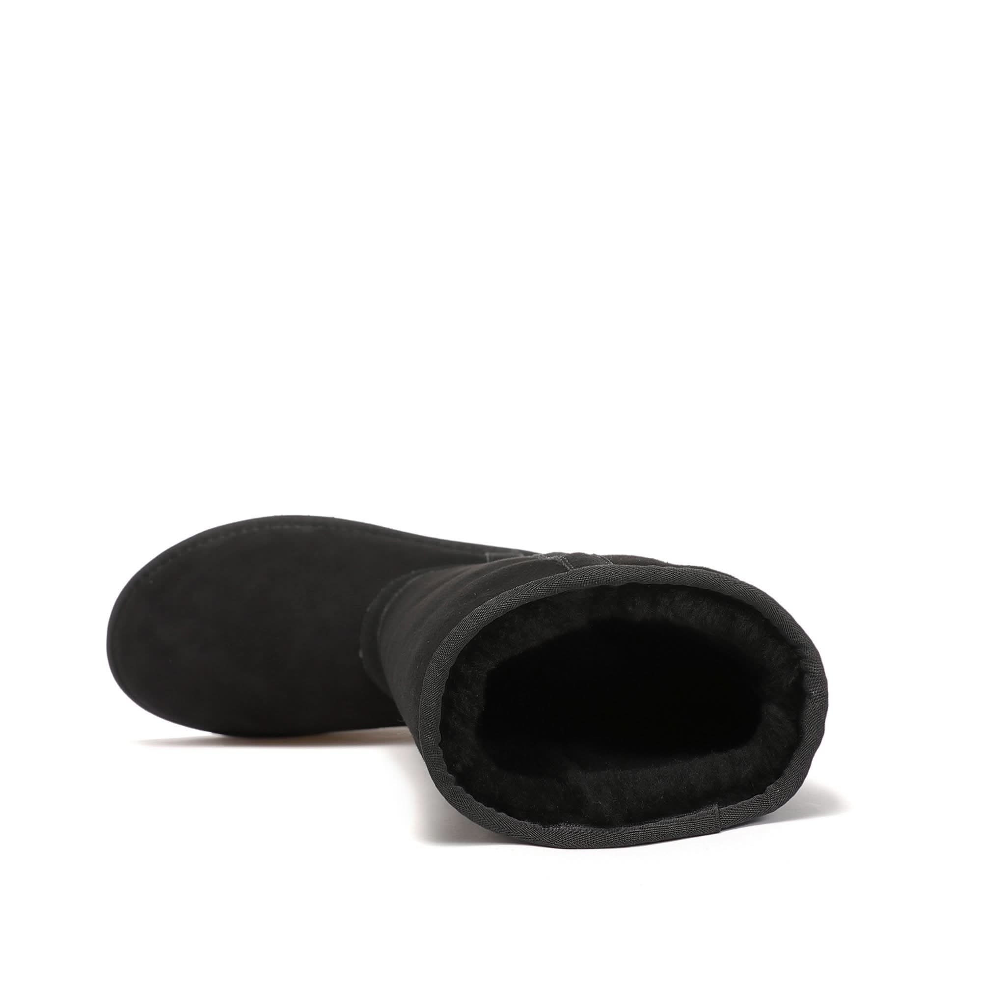 Black suede sheepskin boot with fleece lining, top-down view. - Yellow Earth Australia