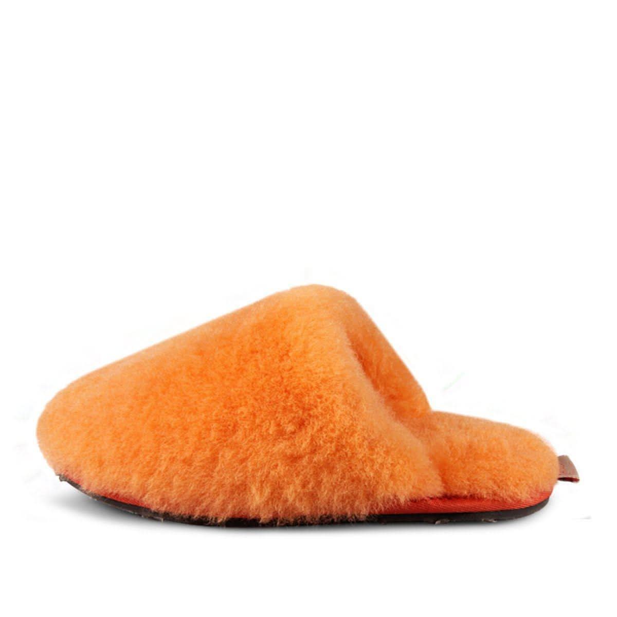 Orange fluffy sheepskin slipper viewed from the side on white background. - Yellow Earth Australia