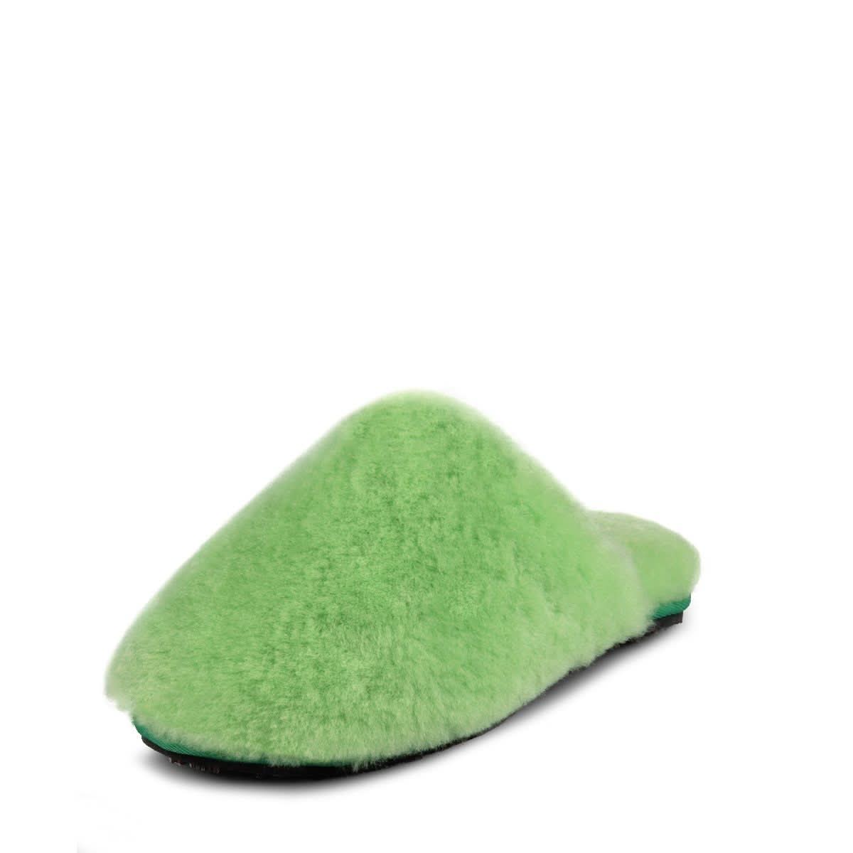 Green sheepskin slipper with fluffy wool lining, side view on white background. - Yellow Earth Australia